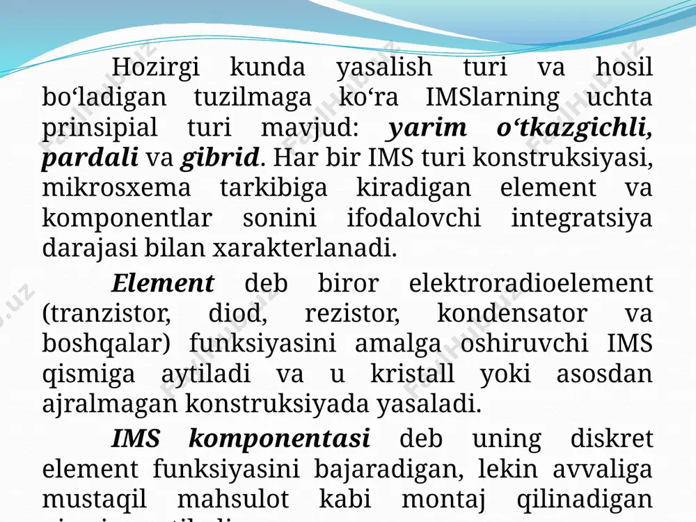 ashkil topgan. ular tranzistor – tranzistorli mantiq (ttm) sxemalarni yaratishda qo‘llaniladi. ko‘p kollektorli tranzistor tuzilmasi ham, ket tuzilmasiga o‘xshash bo‘ladi, lekin integral – injeksion mantiq (i2m) deb ataluvchi injeksion manbali mantiqiy sxemalar yasashda qo‘llaniladi. diodlar. diodlar bitta p-n o‘tishga ega. lekin bipolyar tranzistorli imslarda asosiy tuzilma sifatida tranzistor tanlangan, shuning uchun diodlar tranzistorning diod ulanishi yordamida hosil qilinadi. bunday ulanishlarning beshta varianti mavjud. agar diod yasash uchun emitter – baza o‘tishdagi p-n o‘tish qo‘llanilsa, u holda kollektor – baza o‘tishdagi p-n o‘tish uziq bo‘lishi kerak. rezistorlar. bipolyar tranzistorli imslarda rezistor hosil qilish uchun bipolyar tranzistor tuzilmasining biror sohasi: emitter, kollektor yoki baza qo‘llaniladi. emitter sohalari asosida kichik qarshilikka ega bo‘lgan rezistorlar hosil qilinadi. baza qatlami asosida bajarilgan rezistorlarda ancha katta qarshiliklar olinadi. kondensatorlar. bipolyar tranzistorli imslarda teskari yo‘nalishda siljigan p–n o‘tishlar asosida yasalgan kondensatorlar qo‘llaniladi. kondensatorlarning shakllanishi yagona texnologik siklda tranzistor va rezistorlar tayyorlash bilan bir vaqtning o‘zida amalga oshiriladi. …