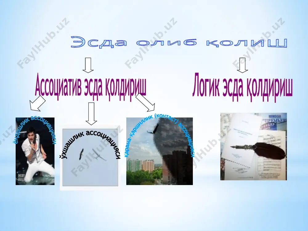 ндуктив (индукция), дедуктив (дедукция) хулоса чиқариш ва аналогия асосан хулоса чиқаришдир. тафаккур қилиш – оператив жараён бўлиб, таққослаш, анализ ва синтез, абстрактлаштириш ва умумийлаштириш, конкретлаштириш, классификация ва тизим (система)га солиш асосий турларидир. тафаккур турлари шаклига кўра кўргазмали ҳаракат кўргазмали –образли мантиқий кўриладиган масаланинг характерига кўра назирий, амалий ижодий элементига кўра конвергент, дивергент янгилиги ва ноёблигига кўра репродуктив, продуктив (ижодий) машҳур олим к. юнг инсонларнинг фикрлашларига кўра асосан икки тоифага бўлган эди: интуитив типлилар. бу шундай тоифали кишиларки, уларда кўпинча ҳиссиётлар мантиқдан устун келади ва мия фаолияти бўйича ҳам ўнг ярим шарлар фаолияти чапникидан устунроқ бўлади. кўриб, ҳис қилиб, ёрқин эмоционал муносабат шакллантирилмагунча, бундай одамлар бирор нарса хусусида фикрларини баён эта олмайдилар. бу тоифа вакилларидан яхши ёзувчилар, шоирлар, тилшунослар, психологлар етишиб чиқади. фикрловчи типлар. бундай кишиларда доимо мантиқ, мулоҳаза ҳиссиётлардан устун бўлади ва миясининг чап томони ўнгига нисбатан доминанта (устун) ҳисобланади. улар ўзларигача бўлган билимлар, мантиқий фикрлаш борасидаги ютуқларга таяниб, доимо …