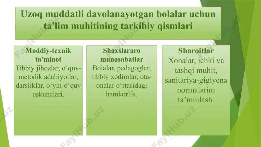 ni o'qish, yozish va kommunikatsiya qilishga undovchi maxsus asbob-uskunalar. 3 sinfda yondashuvlar irsiy va jismoniy nogironlikni inobatga oluvchi sinfda turli xil yo'nalishdagi yondashuvlar. 21 tibbiyot muassasalarida o'qituvchilar duch keladigan qiyinchiliklar kadrlar va resurslar etarli darajada malakali kadrlar va o'quv resurslarining yetishmasligi. moslashuvchanlik o'quvchilarning tez o'zgaruvchan tibbiy holatlariga moslashtirish qiyin bo'lishi. koordinatsiya tibbiy va ta'lim muassasalari o'rtasidagi samarali koordinatsiya va hamkorlikning yetishmasligi. 22 turli xil ta'lim resurslarini qo'llash digital materiallar interaktiv darsliklar, videolar, virtual reallik ilovalaridan foydalanish. bosma materiallar qiziqarli va yoqimli o'quv qo'llanmalar, plakatlar, ko'rgazmali qurollardan foydalanish. amaliy faoliyatlar amaliy mashg'ulotlar, rollarni o'ynash, loyihalardan foydalanish. 23 uzoq muddatli davolanishga muhtoj bolalarni o'qitishda masofaviy ta'lim texnologiyalari simsiz texnologiyalar videokonferensiya, vebinar, masofaviy o'qitish platformalaridan foydalanish. online materiallar raqamli o'quv resurslari, interaktiv darsliklar, videolar bilan ishlash. moslashuvchan jadval bemorlar uchun moslashtiriladigan moslashuvchan o'quv jadvallari. 24 xulosa va tavsiyalar 1 hamkorlik va muloqot tibbiyot va ta'lim tashkilotlarining yaqin hamkorligi va samarali aloqasi zarur. 2 …