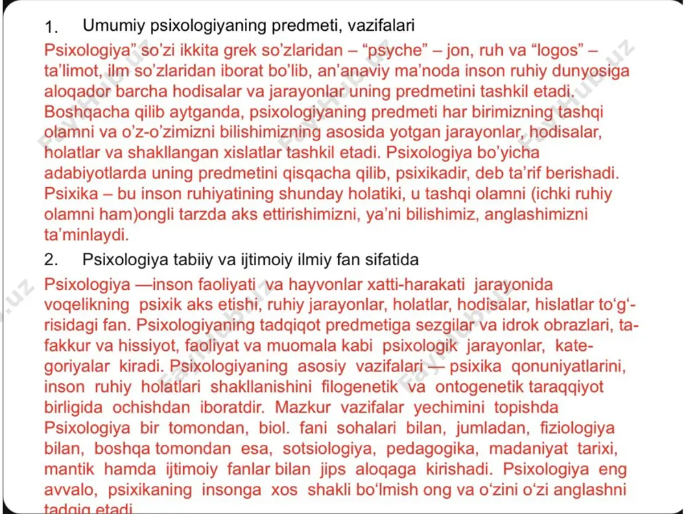 etodlari deb yuritiladi. fanning salohiyati va obro’si ham birinchi navbatda o’sha metodlar yordamida to’plangan ma’lumotlarning ishonchliligi va validliligiga bog’liq bo’ladi. bu fikrlar bevosita psixologiyaga ham aloqador bo’lib, metodlar masalasi bu fanda juda katta ahamiyatga molik masala sifatida qaraladi psixologiyada ilmiy tekshirish olib borishda zamonaviy kompyuterlarning texnologiyasidan foydalanish bizga ancha oson va qulay.zamonaviy "tarmoq tuzilmalari jamiyati" ishlab chiqarish va iste’molning globallashuvi, biznesni yuritishning elektron vositalari, bilimlar aylanishining tezlashishi, yangi kasblar, turmush tarzi va ommaviy sevimli mashg’ulotlarning paydo bo’lishi, iste’molchi elektron uskunalari (birinchi navbatda mobil aloqa), global ommaviy axborot vositalari va raqamli kutubxonalarni rivojlantirish mavjudlik va talab bilan tavsiflanadi. bunga biz it bilan bog’liq stresslar va xatti-harakatlarning patologik shakllarining tahdidli rivojlanishini qo’shishimiz mumkin. kompyuterlashtirish faoliyatning o’zgarishi va vositachiligiga, faoliyatning tubdan yangi turlarining paydo bo’lishiga, hatto hali kompyuterlashtirilmagan bunday faoliyatni ko’p bilvosita tuzatishga olib keladi. bunday murakkab ta’sir nafaqat faoliyatning, balki shaxsiyatning ham o’zgarishiga olib kelishi mumkin 14. xulq-atvorning psixofiziologik asosi (nerv tizimi. …