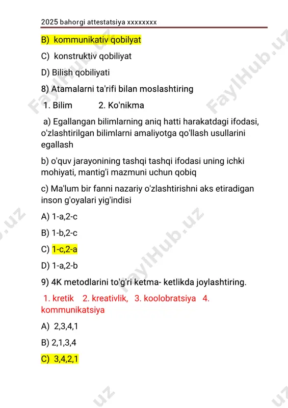 shdarsi 19)direktoro'rinbosariyoshmutaxasisningdarslarini tahlilqildi.darsjarayonidayoshmutaxassiso'quvchilar bilimininazoratqilibyangimavzunitushuntirdi.yangi mavzunimustahkamlashgaalohidae'tiborqaratdi.bunda uo'quvchiningqabulqilishdarajasiturliekanligini hisobgaolib,harbiro'quvchigamosravishdavazifalarni taqsimlabberdi.darsso̓nggidayangimavzubarcha uchunbirdektushunarliekanligima'lum bo'ldi.shunda o'qituvchita'lim samaradorliginita'minlashuchunkerakli bo'lganqandayko'nikmalarninamoyonetdi? a)mazmunlita'lim muhitinitashkiletishvao'zgartirish b)turlimuhitdaturlixilemotsionalholatlardagiodamlar bilanaloqaqilabilish c)o'ziningta'lim faoliyatinitahlilqilishvabaholash, modifikatsiyanitalabqiladiganyo'nalishlarnianiqlash d)darsvaqtinioqilonaboshqarish,shuningdek ma'suliyatlivaongliravishdao'quvchilarishinitashkiletish 20)o'qituvchio'zdarslarida,turlitadbirvaota-onalar majlislaridaturlishe'riyparchalardanmisollarkeltiraredi. ushe'riyatvamusiqanichuqurhisqilganligisababli, 2025bahorgiattestatsiyaxxxxxxxx uningo'quvchilariijodkormaktabhayotidaturlikonsert dasturlaribilanfaolishtiroketadilarbundayholatda o'qituvchiningqandayqobiliyatinamoyonbo'ladi? a)muloqotqilishqobiliyati b)shaxsningichkiqobiliyati c)eshitishvahisqilishqobiliyati d)mantiqiyqobiliyat 21)moslashtiring. 1.metodologiktahlil 2.psixologiktahlil a)o'quvchilarningkayfiyati,xushyorligi,ularning salomatligi,jamoadagisog'lom muhit,fangabo'lgan qiziqishlaridarsberayotgano'qituvchisigamunosabati kuzatiladi b)ta'lim yo'nalishidagihukumatqarorlari,talablardavlat tili,madaniyatininggo'zaldurdonalari,shusohabo'yicha buyukallomavaolimlarningqilganishlari,respublikadagi oxirgio'zgarishlarto'g'risidagima'lumotlardanmashg'ulot davomidafoydalanishkuzatiladi. c)o'qituvchiningtashqiqiyofasio'quvchilarbilantiltopa olishmahorati,madaniyati,odobibilanbirgalikdadars jarayonidaumuminsoniytarbiyaningqismlarini o'quvchilargaberaolishivauningnutqmadaniyatida kuzatiladi? a)1-a2-c 2025bahorgiattestatsiyaxxxxxxxx b)1-a,2-b c)1-c,2-b d)1-b