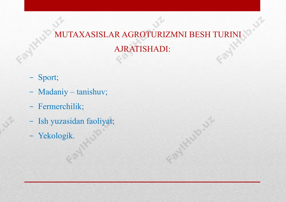 qilish tahdidlar 1. yaqin va uzoq xorij mamlakatlari turistik bozorlari o‘rtasida raqobatning kuchayishi 2. turizm sohasini tartibga soluvchi me’yoriy-huquqiy bazaning mukammal emasligi 3.iqtisodiyotning asosiy tarmoqlari rentabelligining pasayishi hisobiga to‘lovga qodir aholi talabining kamayishi. 4. mamlakatda jinoyatchilik holatining yomonlashuvi bilan turistlar oqimining kamayishi xavfi 5. mamlakatdagi ijtimoiy-iqtisodiy va siyosiy beqarorlik 6. ekologik vaziyatning yomonlashuvi 7. qishloqda turistlarga xizmat ko'rsatish darajasi pastligi sababli turistik bozorningyo'qolishi. qishloq turizmida bir kunlik daromad ko‘rsatkichlari qishloq turizmi aholi uchun bir nechta imkoniyatlar yaratadi: 1. qo'shimcha daromad olish imkoniyati. 2. fermani ta’mirlash uchun rag'bat. 3. voyaga etgan mehnatga layoqatli oila a'zolarining ishga yollash imkoniyati. 4. qiziqarli aloqa. 5. ta'limdarajasini oshirish. 6. chet tillarini faol o'rganish uchun imkoniyat 7. aholi bandligini oshirish 8. ijtimoiy keskinlikni pasaytirish. 9. oila daromadining oshishi. 10. turizm tashkilotchilari tomonidan hukumatning vazifalarini hal qilish (vaqtinchalik va doimiy ish o'rinlarini yaratish, aholi turmushini yaxshilash). 11. turistlarga xizmat ko'rsatishdan madaniyat tashkilotlarining qo'shimcha daromad olish imkoniyati. image2.png …