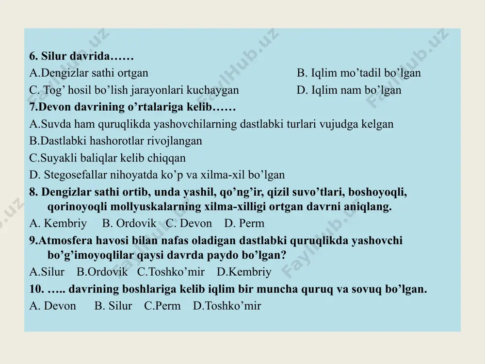 ’r c tanasi kalamushdek dastlabki sutemizuvchi hayvonlar kelib chiqqan 4 uchlamchi davr d odam ajdodlari evolutsiyasi tezlashib, odamlarning soni ortib boradi. 5 to’rtlamchi davr e o’rmonlarda ocjiq urug’lilar hukmronlik qilgan javoblarni tekshiramiz: 1- c 2- e 3- b 4- a 5- d uyga vazifa 1.mavzuni o’qib , mustahkamlash 2.mavzu so’ngidagi savol topshiriqlarga javob yozish. 3.quyidagi jadvalni to’ldirib kelish: mezazoy va kaynazoy erasidagi davrlar iqlim sharoiti o’simliklar hayvonlar image1.jpeg image2.jpeg image3.jpeg image4.jpeg image5.jpeg image6.jpeg image7.jpeg image8.jpeg image9.jpeg image10.jpeg image11.jpeg image12.jpeg image13.jpeg image14.jpeg image15.jpeg image16.jpeg image17.jpeg image18.jpeg image19.jpeg image20.jpeg /docprops/thumbnail.jpeg