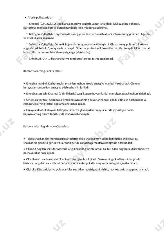 asosiy tarkibiy qismi. glukozaning polimeri. paxta va yog'och tarkibida ko'p miqdorda uchraydi. odam organizmi sellulozani hazm qila olmaydi, lekin u ovqat hazm qilish uchun muhim ahamiyatga ega (kletchatka). * xitin (c₈h₁₃o₅n)ₙ: hasharotlar va zamburug'larning tashqi qoplamasi. karbonsuvlarning funktsiyalari: • energiya manbai: karbonsuvlar organizm uchun asosiy energiya manbai hisoblanadi. glukoza hujayralar tomonidan energiya olish uchun ishlatiladi. • energiya saqlash: kraxmal (o'simliklarda) va glikogen (hayvonlarda) energiya saqlash uchun ishlatiladi. • struktura vazifasi: selluloza o'simlik hujayralarining devorlarini hosil qiladi, xitin esa hasharotlar va zamburug'larning tashqi qoplamasini tashkil qiladi. • hujayra identifikatsiyasi: glikoproteinlar va glikolipidlar hujayra sirtida joylashgan bo'lib, hujayralarning o'zaro tanishuvida muhim rol o'ynaydi. karbonsuvlarning kimyoviy xossalari: • tsiklik shakllanish: monosaxaridlar odatda siklik shaklda mavjud bo'ladi (halqa shaklida). bu shakllanish gidroksil guruhi va karbonil guruhi o'rtasidagi reaktsiya natijasida hosil bo'ladi. • glikozid bog'lanishi: monosaxaridlar glikozid bog'lanishi orqali bir-biri bilan bog'lanib, disaxaridlar va polisaxaridlar hosil qiladi. • oksidlanish: karbonsuvlar oksidlanib energiya hosil qiladi. glukozaning …
