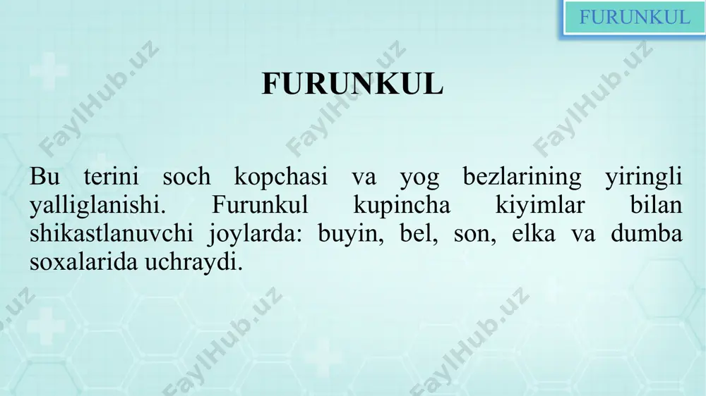 lari; kuchli qichish bilan kechuvchi dermatologik kasalliklarda terini qashish (ekzema, atopik dermatit, qo’tir, chov epidermofitiyasi, prurigo); tirnalish, kesilish va ishqalanishlar. burun va quloqdagi furunkullar surunkali rinit, adenoidlar, gaymorit va otitda burun yoki quloqdan ajraladigan shilliq-yiringli ajralmaning teriga doimiy ta’siri natijasida rivojlanishi mumkin. furunkul furunkul alomatlari furunkul inson terisining deyarli barcha joylarida paydo bo’lishi mumkin. ko’pincha u ishqalanish, terlash yoki terining ifloslanishi ko’p bo’lgan joyda hosil bo’ladi. bu sohalar yuz, bo’yin, qo’ltiq osti va chov sohasi, son, dumba, bel, ko’krak hisoblanadi. rivojlanishida furunkul 3 bosqichdan o’tadi: infiltratsiya, yiringlash va nekroz, shifo topishi. rivojlanish jarayoni odatda 10 kundan ko’proq vaqt olmaydi. furunkul furunkul infiltratsiyasi bosqichi furunkul infiltratsiyasi bosqichi soch follikulasining teshigi atrofida yorqin-qizil infiltratsiya paydo bo’lishidan boshlanadi. infiltratlar o’lchami kattalashib boradi (diametri 1-3 sm gacha), zichlashadi, yanada og’riqli bo’lib, atrofdagi to’qimalarning shishishi va sanchish hissi paydo bo’ladi. furunkul yuzda joylashganda (qovoqlar, lablar, yonoqlar) eng ko’zga ko’rinadigan shish paydo bo’ladi. furunkul furunkulaning nekrozi …