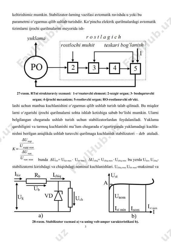 rni sohta ishlab ketishiga sabab bo‘lishi mumkin. ularni belgilangan chegarada ushlab turish uchun stabilizatorlardan foydalaniladi. yuklama qarshiligini va tarmoq kuchlanishi ma’lum chegarada o‘zgartirganda yuklamadagi kuchla-nishni berilgan aniqlikda ushlab turuvchi qurilmaga kuchlanish stabilizatori – deb ataladi. bunda ukir= ukir max ukir min ; uchiq= uchiq maxuchiq min bu yerda ukir, uchiq- stabilizatorni kirishdagi va chiqishdagi nominal kuchlanishlari. uchiq max ukir max-maksimal va 28-rasm. stabilizator sxemasi a) va uning volt-amper xarakteristikasi b). minimal kuchlanishlar. oddiy parametrik kuchlanish stabilizatori kremniyli stabilitron asosida tuziladi (28-rasm.a), uni volt-amper tasifi (28-rasm.b) da ko‘rsatilgan. chiqish kuchlanishini stabilizatsiyasi kirish kuchlanishi uk va yuklama karshiligi rn o‘zgar ganda sodir bo‘ladi. nazorat uchun savollar. 1. kuchlanish rostlagichlarni tuzulishi ishlashi qanday? 2. rostlash koeffitsenti k qanday topiladi? 3. kuchlanish stabilizatorini sxemasini izohlang? mashg’ulot – 3. energiya samarali boshqariladigan simistorli kuchlanish rostlagichlari sxemalari elementlarini hisoblash, tanlash va tahlil qilish mashg’ulot maqsadi. uch fazali bir taktli to‘g’rilagichlar sxemasini tashkil qilgan elementlarning tuzulishi, ishlash …