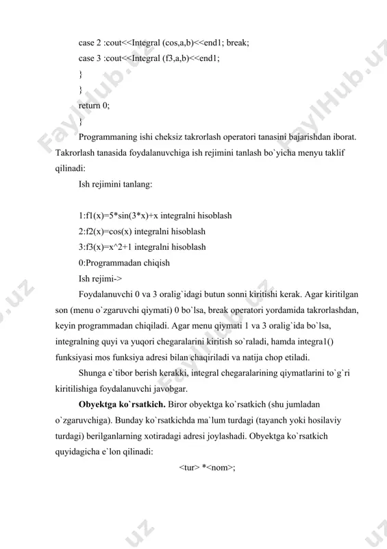 r obyektga ko`rsatayotgan yoki yo`qligini aniqlash uchun ishlatiladi. iv. dinamik xotirada new amali bilan joy ajratish va uni adresini ko`rsatkichga berish: int*n=new int; // birinchi operator int*m=new int(10); // ikkinchi operator , , int*q=new int[10]; // uchinchi operator birinchi operatorda new amali yordamida dinamik xotirada int uchun yetarli joy ajratib olinib, uning adresi n ko`rsatkichga yuklanadi. ko`rsatkichning o`zi uchun joy kompilyatsiya vaqtida ajratiladi. ikkinchi operatorda joy ajratishdan tashqari m adresiga boshlang`ich qiymat-10 sonini joylashtiradi. uchinchi operatorda int turidagi 10 element uchun joy ajratilgan va uning boshlang`ich adresi q ko`rsatkichga berilayapti. xotira new amali bilan ajratilgan bo`lsa, u delete amali bilan bo`shatilishi kerak. yuqoridagi dinamik o`zgaruvchilar bilan bog`langan xotira quyidagicha bo`shatiladi: delete n; delete m; delete[] q; agarda xotira new[] amali bilan ajratilgan bo`lsa, uni bo`shatish delete[] amalini o`lchovi ko`rsatilmagan holda qo`llash kerak. xotira bo`shatilganligiga qaramasdan ko`rsatkichni o`zini keyinchalik qayta ishlatish mumkin. ko`rsatkich ustida amallar:[1(324-326), 1(340-344), 2(77-78), 3(79-81), 4(61)]ko`rsatkich ustida quyidagi …