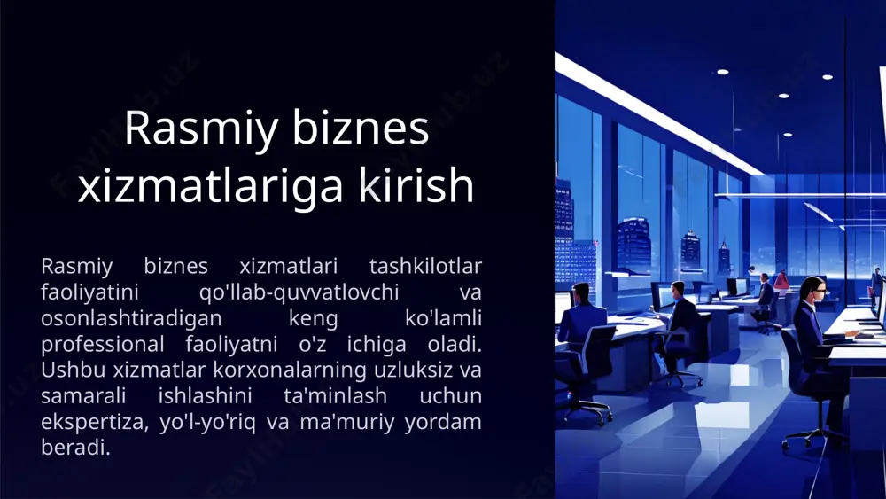 lar orasida ular o'rtasida manfaatlari turli yo'nalishga ega obyektiv ziddiyatlar mavjud bolgan uchta asosiy guruh: aksiyadorlar, menejerlar va direktorlar alohida ajratib ko'rsatiladi. tarix shuni o'rgatadiki, eng sog'lom va eng muvaffaqiyatli kompaniyalarda strategiya va menejment nafaqat aktsiyadorlar qiymatini hisobga olgan holda belgilanadi va tashkil qilinadi. rasmiy biznes xizmatlarining ahamiyati normativ muvofiqlik rasmiy biznes xizmatlari kompaniyalarning barcha tegishli qonunlar, qoidalar va sanoat standartlariga rioya qilishlarini ta'minlaydi, huquqiy va moliyaviy xavflarni kamaytiradi. ishonch va ishonch rasmiy biznes xizmat ko'rsatuvchi provayderlar bilan ishlash professionallik va qonuniylik havosini beradi, mijozlar ishonchini va brend obro'sini oshiradi. 7 rasmiy biznes xizmatlaridan foydalanish operatsiyalarni soddalashtiradi, ish oqimlarini optimallashtiradi va asosiy biznes faoliyati uchun vaqtni bo'shatadi. turli manfaatdor tomonlar, jumladan, davlat idoralari o‘rtasida samarali muloqot va muvofiqlashtirishni saqlab qolish qiyin kechishi va umidsizlikka olib kelishi mumkin. kengaytirilgan samaradorlik rasmiy biznes xizmatlari turlari davlat organlari davlat organlari biznesni ro‘yxatdan o‘tkazish, litsenziyalash, soliqqa tortish va qonun hujjatlariga rioya qilish kabi keng …