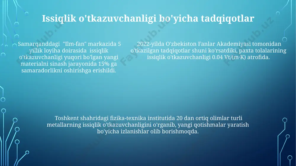 yaqin issiqlik o'tkazuvchanligi, issiqlik almashinuvi tizimlarida, masalan, farg'onadagi issiqxonalarda, haroratni nazorat qilishda muhim rol o'ynaydi. kelajakdagi istiqbollar grafendan foydalangan holda yaratilgan yangi materiallar, 2025-yilga borib, issiqlik o'tkazuvchanligini 500 vt/(m·k) gacha oshirishi va elektronika sohasida, ayniqsa kaliforniya silikon vodiysi kabi yuqori texnologiyalar markazlarida inqilob qilishi mumkin. issiqlik o'tkazuvchanligini oshirish bo'yicha tadqiqotlar 2030-yilga kelib, global miqyosda 15% ga samaradorlikni oshirishga va energiya sarfini 50 gigajoulga kamaytirishga olib kelishi mumkin, bu esa yaponiya kabi mamlakatlarga ijobiy ta'sir ko'rsatadi. evropaning ilg'or tadqiqot markazlari, masalan, germaniyadagi fraunhofer instituti, issiqlik o'tkazuvchanligini boshqarish bo'yicha yangi texnologiyalar ustida ish olib bormoqda, bu esa 2040-yilga kelib, issiqlik nasoslarining samaradorligini 3 barobarga oshirishi mumkin. issiqlik o'tkazuvchanlik mexanizmlari suyuqliklarda issiqlik o'tkazuvchanligi molekulalarning diffuziyasi va tebranishlari orqali amalga oshadi, suv uchun taxminan 0.6 vt/(m·k) ni tashkil etadi, bu esa samarqanddagi suvning haroratiga bog'liq ravishda ozgina farq qilishi mumkin. gazlarda issiqlik o'tkazuvchanligi molekulalararo to'qnashuvlar orqali sodir bo'ladi, masalan, havo uchun 0.024 vt/(m·k) atrofida, …