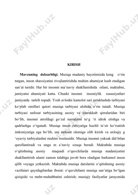 maktabda musiqa madaniyati darslarini olib borolmaydi. buning uchun musiqa o‘qituvchisi pedagogika, psixologiya, boialar fiziologiyasi, musiqa o‘qitish va metodikasi hamda o ‘z musiqiy kasbiy fanlarini puxta o‘zlashtirgan bo‘lishi kerak. musiqa o‘qituvchisi o‘z kasbiga va bolalarga mehr qo‘ygan, yuksak madaniyatli, keng dunyoqarashga ega bo‘lgan shxs bolishi lozim. donishmand xalqimiz azaldan kuy va qo'shiqni bola qalbiga tez yo‘l topa olishi, uning ruhiyatga ijobiy ta’sir ko‘rsatishi, yaxshi xulq va odob, mehr oqibat, sabr-toqat, kattalarga hurmat fazilatlarini musiqa orqali tarkib topishini azaldan anglab yetgan. oilada farzandni qo‘shiq aytishga, soz chalishga o‘rgatish ota-ona orzusi hisoblangan. bola musiqa bilan ona allasi orqali tanishib, musiqadan umrbod ozuqa oladi. chunki bola hali yurishni, so‘zlashni bilmay turib, musiqani eshitib, turli qo‘l harakatlari bilan musiqaga munosabatini bildiradi. shuning uchun azaldan har bir oilada musiqa cholg‘u asboblaridan dutor, doira, rubob saqlash urf-odat bo‘lib qolgan. musiqadan ozuqa olish uchun esa, inson sof qalb egasi, yuksak m a’naviyatli, go‘zallikni his eta oladigan inson boiishi …