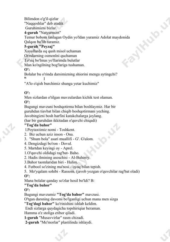 dagicha baholandi: l-g."musavvirlar"- 2-g. "me'morlar"- 3-g. "naqqoshlar"- 4-g. "natyurmort"- 5-g. "peyzaj"- g'olib_______________ guruhi. quydagi o'quvchilar faol ishtiroki uchun baholandi:______________. uyga vazifa: hamma "tog'da bahor" mavzusida rasm chizib keladi. bolalar sizga uch xil qiyofa kartochkasini tarqataman. bugungi darsga munosabatingizni belgilab doskaga ilib qo'ying. marhamat. men bugungi darsda uch xil qiyofa darsdan xursandligingizdan men ham mamnunman. rahmat darsimiz ta'mom image1.jpeg