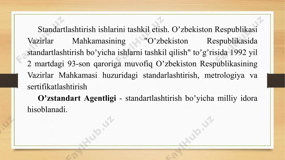 y shartlar fan va texnikaning tegishli sohalarida chet ellarda va mamlakatimizda erishilgan eng yuqori yutuqlarini, chet mamlakatlarning xalqaro, mintaqaviy va milliy standartlari, talablarini hisobga olib, ilmiy-tadqiqot, tajriba konstruktorlik, texnologik va loyihalash ishlarining natijalariga asoslangan holda ishlab chiqilishi va respublikani iqtisodiy va sotsial rivojlantirish uchun eng maqbul qarorlar qabul qilish nazarda tutilishi lozim. zarurat tugʼilganda, ishlab chiqaruvchi buyurtmachi bilan kelishilgan holda yoki buyurtmachining oʼzi muayyan standartlar va texnikaviy shartlarni ishlab chiqish yuzasidan texnikaviy vazifalarni tasdiqlaydi. standartlar va texnikaviy shartlarda mahsulot sifatiga nisbatan majburiy va tavsiya etiladigan talablar (texnikaviy tavsiyalar) belgilanadi. mahsulot sifatiga sotsial jihatdan oʼzaro bogʼliq boʼlgan, uning aholi hayoti va sogʼligi uchun xavfsizligini, atrof-muhitni muhofaza qilishni, mahsulotning bir-biriga mosligi va oʼzaro almashuvchanligini taʼminlay-digan, shuningdek nazorat qilish belgisi va usullarining majburiy talablarga toʼgʼri kelishi, hamda bajarilishi kerak boʼlgan talablar sirasiga kiradi. buyurtmachi (isteʼmolchi)da zarurat tugʼulgudek boʼlsa, u manfaatini himoya qilishni taʼminlaydigan talablar sirasini kengaytirishi mumkin boʼladi. mahsulotlarning va xizmatlarning isteʼmol va …