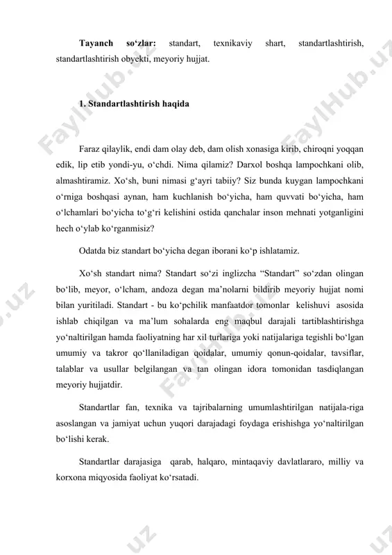’molchi oralaridagi munosabatlarni yaxshilashga yo‘naltirilgan. standartlashtirish tizimi yangi buyumga o‘z vaqtida yuqori sifatli loyiha - konstruktorlik hujjatlar berish, korxonaning yangi mahsulotini berilgan sifat ko‘rsatkichlariga asosan tayyorlashni va kerak bo‘lsa mahsulotning ishlab chiqarishdan olib tashlashni belgilaydi. standartlashtirish mahsulot muomalada bo‘lganida va sotish bosqichlarida mahsulotni joylashtirish (upakovka) da yaxshi tartib va sharoitlar yaratishga, yuklashga va joylashtirishga, saqlashga, omborlarda mahsulot sifatini buzilmay saqlashga, transportda olib yurishda, buyumni tarqatish, sotish tashkilotlariga talablar belgilaydi. “standartlashtirish to‘g‘risida” o‘zbekiston respublikasi qonuni prezidentimiz tomonidan 1993 yilning 28 dekabrida imzolangan “standartlashtirish to‘g‘risida” gi o‘zbekiston respublikasi qonuni standartlashtirish bo‘yicha qoidalar, meyoriy hujjatlar, standartlar ustidan davlat nazorati, unga doir ishlarning moliyaviy ta’minoti va ularning hayotga tadbiq etilishi, standartlashtirish bo‘yicha ishlarni o‘tkazishning yanada yuqoriroq rivojlanish bosqichiga ko‘tarilishiga asos bo‘ldi. “standartlashtirish to‘g‘risida” qonun 5 bo‘limdan iborat bo‘lib, bu bo‘limlar 12 moddani o‘z ichiga olgan. respublikamizda standartlashtirish tizimi, standartlashtirish ishlarini o‘tkazish, qonun hujjatlari, xalqaro shartnomalar, meyoriy hujjatlar, davlat nazorat organlari, davlat inspektorlari, ularning huquqlari …