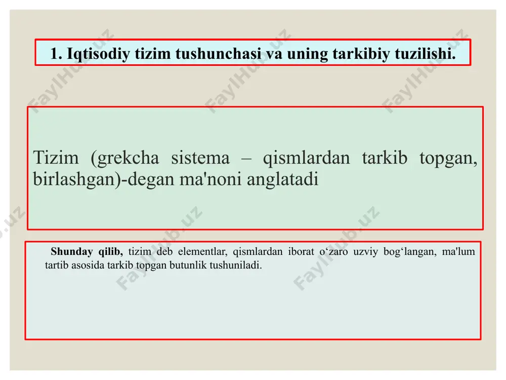 rajasi mikroiqtisodiyot makroiqtisodiyot mezoiqtisodiyot megaiqtisodiyot iqtisodiy tizimlar turkumlanishi turkumlashga yondashuvlar turkumlash mezonlari iqtisodiy tizim turlari iqtisodiy tizim modellari iqtisodiy jarayonlarni boshqarish mexanizmi hamda mulkchilikning ustuvor shakllariga ko‘ra iqtisodiy tizimning bir qator modellari ajratiladi. belgilari buyruqbozlikka asoslangan iqtisodiyot davlat mulki ustuvorlikka ega; iqtisodiy jarayonlar bir markazdan turib boshqariladi va uyg‘unlashtiriladi. bozor iqtisodiyoti xususiy mulk ustuvorlikka ega; iqtisodiy jarayonlar bozor mexanizmi orqali tartibga solinadi. aralash iqtisodiyot mulkchilikning turli-tuman shakllari mavjud bo‘ladi; iqtisodiy jarayonlar bozor mexanizmi bilan birga davlat tomonidan ham tartibga solinadi. an'anaviy iqtisodiyot mulkchilik munosabatlarida merosxo‘rlik va sulolalarning mavqei hukmronlik qiladi; iqtisodiy jarayonlar urf-odatlar, udumlar, an'analar, ijtimoiy va diniy qoidalar yordamida tartibga solinadi; natural mayda tovar xo‘jaligi xo‘jalik yuritishning ustuvor shakli hisoblanadi. 13 3. mulkchilik munosabatlarining mohiyati va iqtisodiy mazmuni. mulkchilik shakllari. mulkchilik munosabatlari — bu mulkka egalik qilish, undan foydalanish va uni tasarruf qilish hamda ishlab chiqarish natijalarini o‘zlashtirish jarayonida vujudga keladigan iqtisodiy munosabatlardir mulkka egalik qilish — mulkdorlik huquqining …