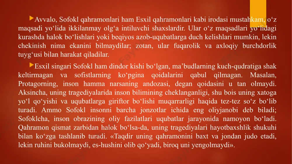 ko‘zga tas’halanadi. lekin voqea davomida kreontning polinik jasadini dafn etishga qarshi chiqargan farmoni eski taomillargagina zid bo‘lmay, ayni paytda xalq tomonidan ma’qullanib, qabul qilingan qonunlarga ham zidligi ayon bo‘lib qoladi. kreont bu farmonni o‘zicha, beboshlarcha chiqarib, xalqqa jarchi orqali ma’lum qiladi. shunday qilib, kreont yakka hokimlik maqomini ro‘yobga chiqarmoqchi bo‘ladi. antigona, tiresiy, gemon kreontni qonunni buzganlikdagina emas, zolim va mustabidlikda ham ayblaydilar. antigona akasining jasadini dafn etish bilan jigarlik burchinigina ado etmaydi, shu bilan birga fuqarolik burchini ham bajo keltiradi; zero u demokratik davlat axloqi yuzasidan ish ko‘rgan edi. kreont esa jamiyatni halokatga keltiruvchi yo‘ldan boradi. asar oxirida baxtsizlik ustiga baxtsizlikka duch kelgan kreont o‘ta mud­hish ahvolda qoladi: antigona o‘zini osib qo‘yadi, uning ja­sadi qarshisida shahzoda gemon o‘zini o‘zi shamshir bilan nobud qiladi, buning ortidan kreontning xotini o‘zini o‘ldiradi. antigonaning o‘limi bu jasur qiz ezgu intilishlarining g‘alabasini angla­tadi. sofoklning eng mashhur asari — «shoh edip» tragediyasidir. pesada voqea edipning o‘z …