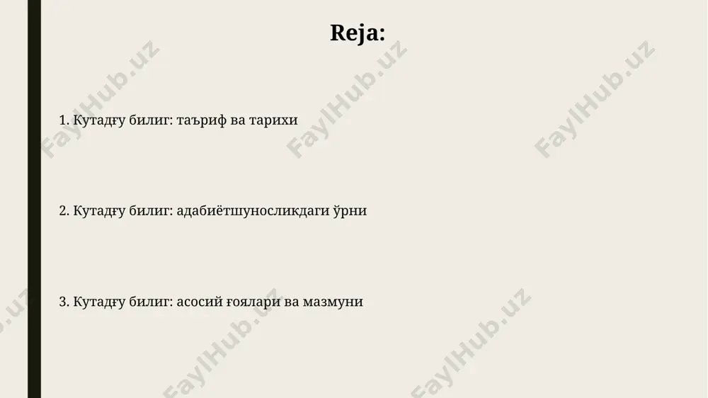 yalari асарда 11-асрдаги қорахонийлар давлатининг ижтимоий-сиёсий ҳаёти, ундаги ахлоқий ва маънавий қимматлар, хусусан, адолатли ҳукмдорлик ва халқ ҳаёти учун муҳим бўлган 4 та асосий тушунча тасвирланган. кўтадғу билигда 3 та муҳим шахс – ҳукмдор, вазир ва олимнинг ўрни ва вазифалари, уларнинг ўзаро муносабатлари ва жамиятдаги роли кашгар шаҳри ва унинг атрофидаги ҳаёт тарзи тасвирланган ҳолда баён этилган. asarning zamonaviy ahamiyati асардаги толерантлик, маданиятлараро мулоқот ва халқлар ўртасидаги ўзаро ҳурмат каби ғоялар глобаллашув давридаги 200 дан ортиқ давлат ва миллатлар яшайдиган дунёдаги муносабатларни яхшилашга хизмат қилади. кутадгу биликдаги 11-асрдаги жамият тасвири, айниқса, давлат бошқаруви ва адолат масалалари бўйича, ҳозирги кунда ҳам 21-аср ўзбекистони учун долзарб бўлган муаммоларни таҳлил қилишда фойдали манба ҳисобланади. davlat boshqaruvi va adolat кутадгу биликда давлат бошқарувида 10 дан ортиқ вазирлик ва идораларнинг фаолияти, уларнинг ўзаро ҳамкорлиги ва самарадорлиги ҳақида батафсил маълумотлар берилган бўлиб, бу эса қадимги қархона шаҳрининг ривожланишига ёрдам берган. асарда адолатли ҳукмронликнинг 7 та асосий …