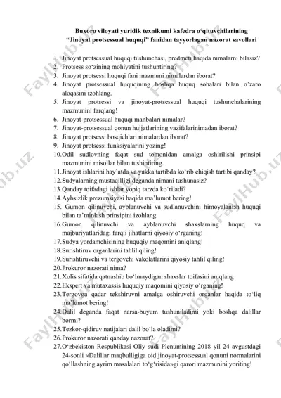 jinoyat protsessual huquqi nazorat savollari — DOC