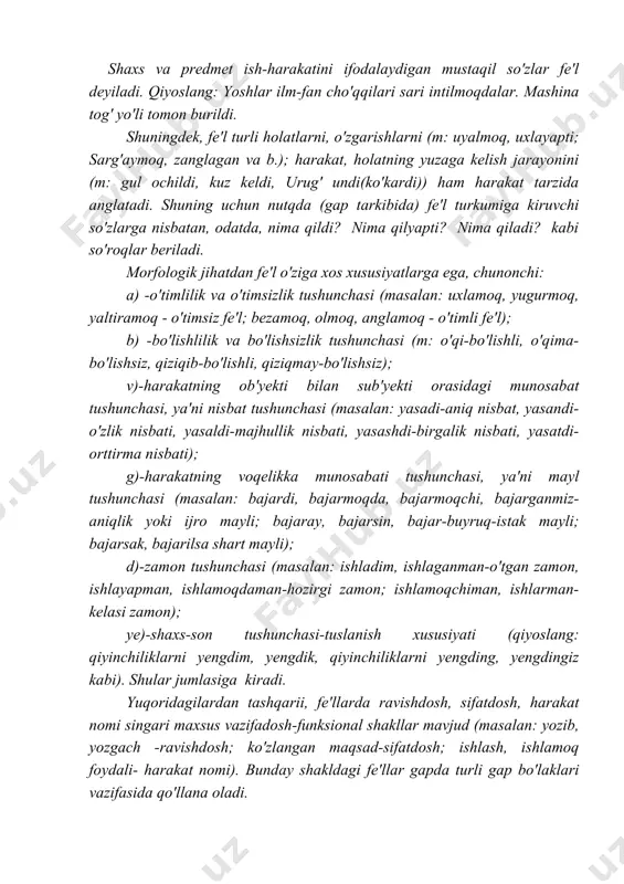 aqsad-sifatdosh; ishlash, ishlamoq foydali- harakat nomi). bunday shakldagi fe'llar gapda turli gap bo'laklari vazifasida qo'llana oladi. fe'l-maxsus fe'l yasash tizimiga ega bo'lgan so'z turumiga (qiyoslang: o'qimoq, olgan, o'tkaz, kel-tub; ishladik, uyqisiramoq, sog'aymoq - affiksasiya usuli bilan ot va sifatlardan yasalgan fe'llar; imzo chekmoq, qo'l qo'ymoq, xafa bo'lmoq - kompozisiya usuli bilan yasalgan yasama fe'l). fe'llarda qo'shimcha ma'no qo'shilishini aks ettiruvchi shakllar – modal formalar ham mavjud (qiyoslang: tutdi – titkiladi, oqargan – oqarqiragan kabilada ajratib ko'rsatilgan fe'llar affiksasiya usuli bilan modal forma (nokategorial forma)ga misol bo'la oladi. shuningdek, fe'lda modal ma'no ifodalash mayl formalari orqali shakllanishi, ko'makchi fe'llarni va to'liqsiz fe'llarni qo'llash orqali hosil qilinishi mumkin (masalan: aytgan bo'ldi, aytib ko'r; borgan emish, aytar edi kabi). adabiyotlar ro'yxati 1. i.a.karimov. barkamol avlod-o'zbekiston taraqqiyotining poydevori. toshkent, 1997 yil 2. u.tursunov, n.muxtorov, sh.rahmatullayev. «hozirgi o'zbek adabiy tili» 1992 yil 3. a.abduazizov. «o'zbek tili fonologiyasi va morfologiyasi» toshkent, 1992 yil 4. s.rahimov, b.umurqulov, …