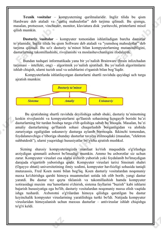 an bo‘ladi. hisoblash texnikasini amaliyotda samarali tadbiq etishning shartlaridan biri amaliy dasturlarning ixtisoslashtirilgan paketlarini yaratishdir. ularga kirishning osonligi va foydalanishning soddaligi shkning muhandislik mehnatiga, ilmiy soha, iqtisodiyot, madaniyat, ta’limning aniq vazifalarini yechishda kengroq tadbiq etish uchun sharoitlar yaratadi. texnik vositalar – kompyuterning qurilmalaridir. ingliz tilida bu qism hardware deb ataladi va "qattiq mahsulotlar” deb tarjima qilinadi. bu qismga, masalan, protsessor, vinchester, monitor, klaviatura disk yurituvchi, printerlarni misol qilish mumkin. dasturiy vositalar – kompyuter tomonidan ishlatiladigan barcha dasturlar to’plamidir. ingliz tilida bu qism software deb ataladi va "yumshoq mahsulotlar” deb tarjima qilinadi. bu so'z dasturiy ta’minot bilan kompyuterlarning mutanosibligini, dasturlarning takomillashishi, rivojlanishi va moslashuvchanligini ifodalaydi. bundan tashqari informatikada yana bir yo’nalish brainware (brain inlizchadan tarjimasi – intellekt, ong) – algoritmik yo’nalish ajratiladi. bu yo’nalish algoritmlarni ishlab chiqish, ularni tuzish usul va uslublarini o'rganish bilan bog’liqdir. kompyuterlarda ishlatilayotgan dasturlarni shartli ravishda quyidagi uch turga ajratish mumkin: bu ajratishning shartli ravishda deyilishiga sabab …