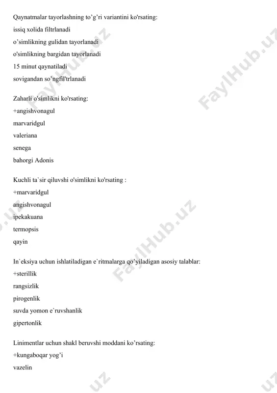 a xos antiseptikni ko'rsating: +rezorsin formalin pantosid urotropin serigel bo’yoqlar guruhiga xos antiseptikni ko’rsating: +metilen ko'ki sariq simob oksidi furasilin pantosid yodning spirtli e`ritmasi farmakokinetika nimani o‘rganadi: +dori moddalarining organizmga kiritish yo‘llarini dori moddalarining ta’sir qilish joylari dori moddalarining biologik samaralarini dori moddalarining ta’sir mexanizmlarini farmakodinamika nimani o‘rganadi: dori moddalarining organizmga kiritish yo‘llarini dori moddalarining so‘rilishini +dori moddalarining ta’sir qilish joylarini dori moddalarining taqsimlanishini dori moddalarining bioerishuvchanligi: dorivor moddaning qondagi konsentrasiyasi ichishga tavsiya qilinadigan preparatlarning bioerishuvchanligi past preparatning samaradorligi +dori organizmga kiritilganidan so‘ng ma’lum vaqtdan keyin uning qondagi konsentrasiyasining dastlabki kiritilgan dozasiga nisbati dori vositalarini organizmga enteral kiritish: +transbukkal mushak orasiga teri ichiga vena ichiga parenteral yo‘l orqali ko`p qo`llaniladigan dori vositalarini organizmga kiritish: +ingalayatsion suyak ichiga transbukkal arteriya orqali dori vositalarini og‘iz orqali qabul qilishga oid belgi: dori til ostiga qo‘yiladi transbukkal dori vositalarini organizmga kiritishda ularning jigardan ikkilamchi o‘tishini hisobga olinmaydi + rezorbtiv ta’sir dori vositalarini sublingval kiritishga …