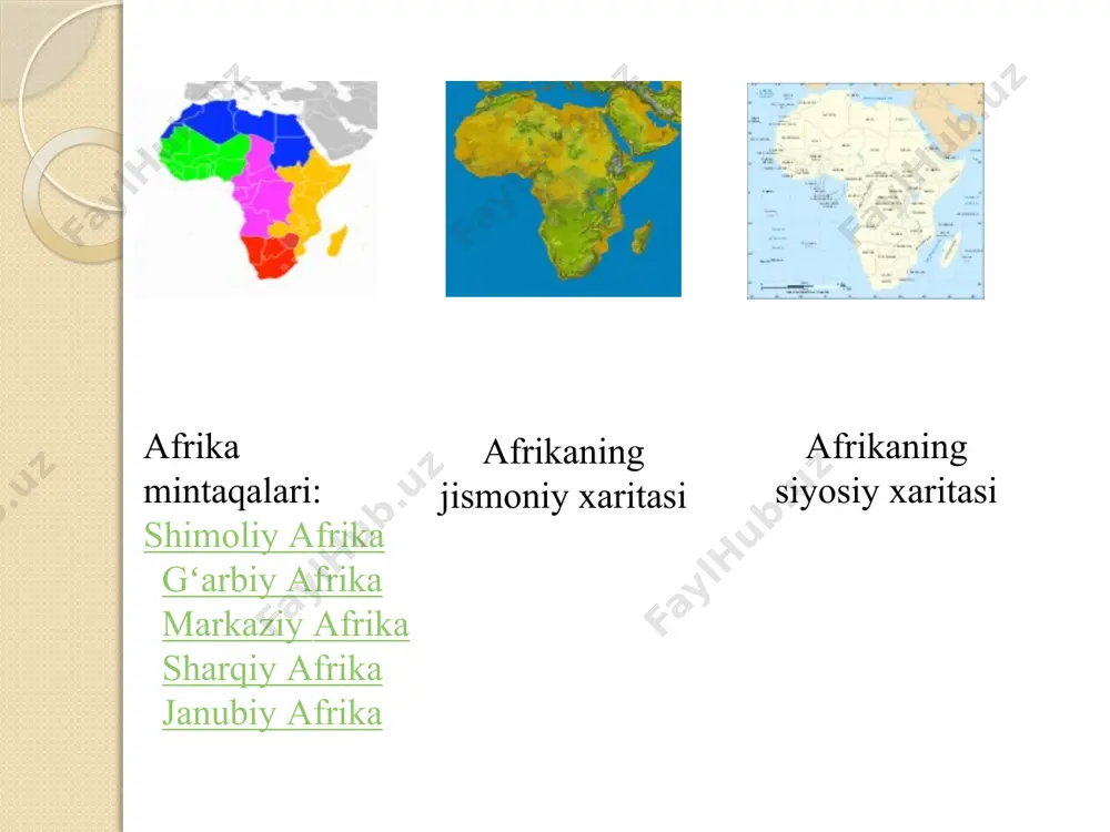 aklar juda koʻp. savanna, chala choʻl va choʻllarda oʻtxoʻr hayvonlar: jayranlar (40 ga yaqin turi bor), zebra, jirafa, karkidon, begemot, buyvol, fillar; yirtqichlardan arslon, qoplon, gepard, silovsin va sirtlonlar: hasharotlardan termitlar va setse pashshasi koʻp. noyob hayvonlar qoʻriklanadi. oʻrganilish tarixi shim. afrika qirgʻoqpari miloddan avvalgi 2-asrdan boshlab misrliklarga maʼlum edi. milodgacha boʻlgan 6-asrda materik qirgʻoqlari boʻylab finikiyaliklar suzib chiqqanlar. milod boshlarida indoneziyaliklar madagaskar o.ni kashf etib, uning sharqiy qirgʻoklarini egalladilar. arablar oʻrta asrda shim. afrikani egallab boʻlgach, uning sharqiy qismiga borganlar. afrikaning gʻarbiy qirgʻoqlari portugallarning hindistonga boruvchi dengiz yoʻllarini qidirish vaqtlaridan maʼlum boʻlgan. 1443—44 ylarda n. trishtan mavritaniya qirgʻoklarini kashf etdi. shu davrdan boshlab qul sotish ishlari boshlandi. 15-asrdagi b. diash, vasko da gamalarning afrikaga sayohatlari maʼlum. 16-asrda materik qiyofasi maʼ-lum boʻlgan edi. materik ichki qismlarini 16—18-asrlarda portugallar, ingliz va fransuzlar oʻrgana boshladilar. 19-asrdan boshlab materik ichki rayonlari yanada mukammal oʻrganila boshladi (d. livingston, g. bart, j. spik, g. m. …