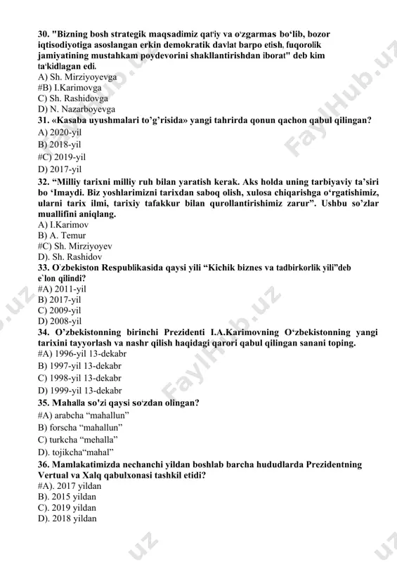 l qildi. #a) 94,5 % ni b) 99,9 % ni c) 90,9 % ni d) 80,9 % ni 40. o`zbekiston respublikasida fuqarolar necha yoshdan boshlab saylash xuquqiga ega ? a). 21 yoshdan b). 25 yoshdan #c). 18 yoshdan d). 16 yoshdan 41. “o‘zbek tilining asosiy imlo qoidalarini tasdiqlash haqida”gi vazirlar mahkamasining qarori e’lon qilingan sanani aniqlang. #a) 1995-yil 24-avgust b) 1994-yil 24-avgust c) 1996-yil 24-avgust d) 1998-yil 24-avgust 42. o`zbekistonda qishloq xo‘jaligi rivojida qaysi usul o`zining samarasini ko`rsatdi? a) ijara usuli. b) pudrat usuli. c) fermerlik usuli. #d) klaster usuli. 43. o‘zbekiston respublikasida vitse-prezident lavozimi qachon tugatildi? a) 1991 yil 18 noyabr b) 1991 yil 29 dekabr #c) 1992 yil 4 yanvar d) 1992 yil 8 dekabr 44. yunesko qaroriga binoan qaysi shaharda markaziy osiyo tadqiqotlari xalqaro instituti tashkil etilgan? a) xiva b) toshkent c) buxoro #d) samarqand 45. bugungi kunda mamlakatimiz oltin zahirasi bo`yicha nechanchi o`rinda turadi? a). 6 …