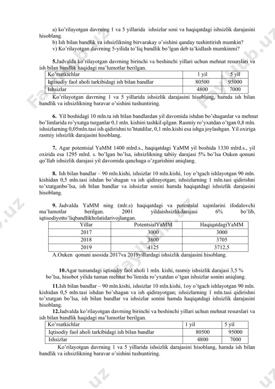 otgan davrning birinchi va beshinchi yillari uchun mehnat resurslari va bandlik haqidagi ma’lumotlar berilgan. ko’rsatkichlar 1 yil 5 yil iqtisodiy faol aholi 84889 95453 ulardan ish bilan bandlar 80796 87524 ishsizlikning tabiiy darajasi ko’rilayotgan davrning 5 yilida iqtisodiy faol aholining 7% ni tashkil qilgan. a) ko’rilayotgan davrning 1 va 5 yillarida ishsizlar soni va haqiqatdagi ishsizlik darajasini hisoblang. b) ish bilan bandlik va ishsizlikning birvarakay o’sishini qanday tushintirish mumkin? v) ko’rilayotgan davrning 5-yilida to’liq bandlik bo’lgan deb ta’kidlash mumkinmi? 5.jadvalda ko’rilayotgan davrning birinchi va beshinchi yillari uchun mehnat resurslari va ish bilan bandlik haqidagi ma’lumotlar berilgan. ko’rsatkichlar 1 yil 5 yil iqtisodiy faol aholi tarkibidagi ish bilan bandlar 80500 95000 ishsizlar 4800 7000 ko’rilayotgan davrning 1 va 5 yillarida ishsizlik darajasini hisoblang, hamda ish bilan bandlik va ishsizlikning baravar o’sishini tushuntiring. 6. yil boshidagi 10 mln.ta ish bilan bandlardan yil davomida ishdan bo’shaganlar va mehnat bo’limlarida ro’yxatga turganlar 0,1 mln. …