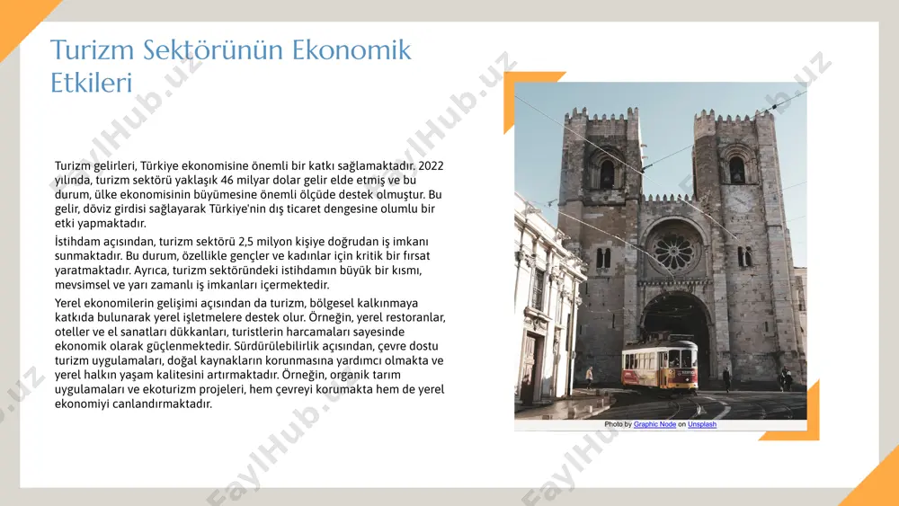 tkıda bulunur. turistlerin çevreye duyarlı alışkanlıkları. sorumlu seyahat, turistlerin çevreye ve yerel kültüre duyarlı bir şekilde seyahat etmelerini teşvik eder. bu yaklaşım, çevresel etkileri azaltarak, destinasyonların sürdürülebilirliğini artırır. yerel halkın turizm sürecine dahil edilmesi. toplumsal katılım, yerel halkın turizm süreçlerine aktif bir şekilde dahil edilmesini sağlar. bu, hem ekonomik fırsatlar yaratır hem de toplulukların kültürel kimliğini güçlendirir. 01 02 03 gelecek trendleri ekoturizm: sürdürülebilir yaklaşımlar. ekoturizm, doğaya saygılı ve sürdürülebilir bir turizm anlayışıdır. bu yaklaşım, doğal alanları korurken yerel toplulukların da ekonomik olarak fayda sağlamasını hedeflemektedir. dijital dönüşüm ve turizm: teknolojinin turizm üzerindeki etkileri büyümekte. dijitalleşme, rezervasyon süreçlerinden seyahat planlamasına kadar her aşamada yenilikler sunmaktadır. mobil uygulamalar ve sanal gerçeklik deneyimleri, turistlerin seyahatlerini daha keyifli hale getirmektedir. enerji verimliliği ve yeşil uygulamalar: sürdürülebilir altyapılar, çevre dostu tasarımlar içerir. yeşil oteller, enerji verimliliği sağlayarak misafirlere sağlıklı bir konaklama sunarken, çevresel etkileri de minimize etmektedir. photo by graphic node on unsplash türkiye'nin …
