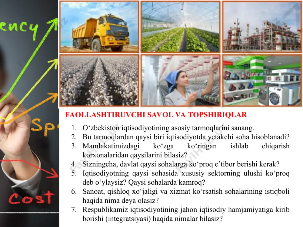 ilg‘i — gaz olinadi. bu o‘z ehtiyojlarimizni to‘la ta’minlagan holda, uni boshqa davlatlarga eksport qilish imkonini ham beradi. bir yilda qazib chiqariladigan ko‘mir to‘rt million tonnadan ortiqni tashkil etadi. o‘zbekistonda qidirib topilgan ko‘mirning umumiy zaxiralari 2 milliard tonnadan ko‘p. sanoati. paxta tozalash, mashinasozlik, neftni qayta ishlash, rangli metallurgiya, energetika, to‘qimachilik, gaz, avtomobilsozlik, qishloq xo‘jalik mahsulotlarini qayta ishlash, elektrotexnika, radiotexnika va boshqalar. 100 dan ortiq tarmoqqa mansub 2200 dan ziyod yirik ishlab chiqarish korxonalari faoliyat ko‘rsatmoqda hozirgi kunda aqshning “general motors” kompaniyasi bilan qilinayotgan hamkorlikda “tracker”, “gentra”, “nexia-3”, “malibu” va “spark” rusumli jahon standartlariga to‘la javob beradigan zamonaviy avtomobillar ishlab chiqarilmoqda. samarqand shahrida esa “isuzu” rusumli o‘rta hajmli avtobuslar va yuk avtomashinalari hamda “man” va “kamaz” rusumli yirik tonnali yuk avtomashinalari ishlab chiqarilmoqda. bu esa, o‘z navbatida, o‘zbekistonda mashinasozlik sanoati yildan-yilga rivojlanib, jahon andozalariga moslashib, yuksalib borayotganidan dalolat beradi. o‘tgan bir yil ichida yaim tarkibidagi sanoatning ulishi 22,2% dan 26,3% gacha …