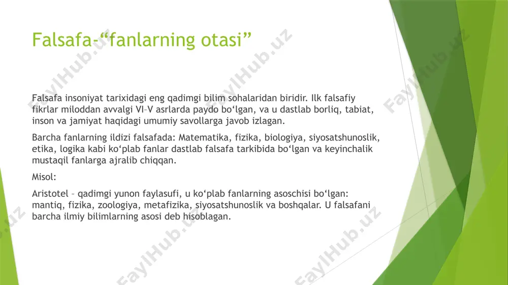 q bo‘lgan. umumiy belgilar: 1 falsafa va dinning o‘zaro aloqasi har ikkala hududda falsafa ko‘pincha diniy doiralar ichida rivojlangan. 2 diniy falsafaning ustunligi ilohiyot, aqidaparastlik, qomusiy tafakkur hukm surgan. 3 ilm va dinni uyg‘unlashtirishga intilish faylasuflar diniy haqiqatlarni aqliy asos bilan tushuntirishga harakat qilishgan. 4 aristotel va platon merosining asos sifatida qabul qilinishi yunon falsafasi ikkala hududda ham asos sifatida o‘rganilgan. 5 etika va axloq muammolariga e’tibor yaxshilik, yomonlik, adolat, iymon, ma’naviyat kabi mavzular ko‘tarilgan. 6 inson tabiatiga chuqur qiziqish insonning mohiyati, ruh, tafakkur, iymon bilan bog‘liq savollar o‘rganilgan. 7 falsafaning qomusiy (ensiklopedik) rivoji faylasuflar falsafa bilan birga matematika, tibbiyot, astronomiya, mantiq bilan ham shug‘ullangan. 🧠 abu nasr forobiy (870–950) “sharq aristoteli” > farobiy – sharq falsafasining eng buyuk vakillaridan biri. u aristotel falsafasini chuqur tushungan va rivojlantirgan. fan, din, axloq va jamiyat haqida yuksak fikrlar bildirgan. farobiyning falsafaga qarashlari 1. falsafa va din uygʻunligi farobiy fikricha, haqiqiy din va …