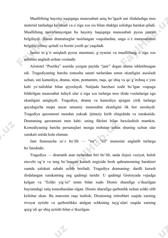 atalgan echkining tuyg`ulari xaqida xarning qayg`uli qo`shiq aytishi bilan o`tkazilgan. keyinchalik tragediya avvalgi hususiyatini o`zgartirib, insonlar istirobi xaqidagi maxsus teatr tomoshasiga aylangan. grek dramaturlar esxil, sofokl, evripid tragediyalari inson istiroblarini badiiy tasvirlay olgani uchun mashhurdir. antik teatr kishining iztiroblari tasviri bilan tomoshabinlar qalbiga daxshat solar va go`yo kishining takdiri xamda qilmishini boshqarib turuvchi g`ayri tabiiy kuchga qarshi kurashish befoyda degan tushunchani uqdiradi. xvi asrning ikkinchi yarmida va xvii asr boshlarida yashab ijod etgan buyuk ingliz dramaturgi v. shekspirnnng tragediya bosh qahramonlari jamiyatdagi mavjud kuchli qarama-qarshiliklarni yorqin badiiy shaklda ochib tashlagan. shuning uchun ham uning tragediyalari butun dunyoda shuxrat topdi. a. s. pushkin ham tragediya janridan foydalanib o`zining o`lmas "kichik tragediyalari", — "tosh mehmon", "motsart va salyeri", "qizg`anchiq ritsar" va "boris godunov" tragediyalarini yaratdi. keyingi davr dramaturgiyasida tragediya o`z moqiyati bilan o`tmishdagilarda tamomila boshqacha bo`lib, unda hayot xaqqati va optimistik mazmun o`z ifodasini yorkinroq topadi. bunday tragediyadagi bosh kaxramon xalq ishi …