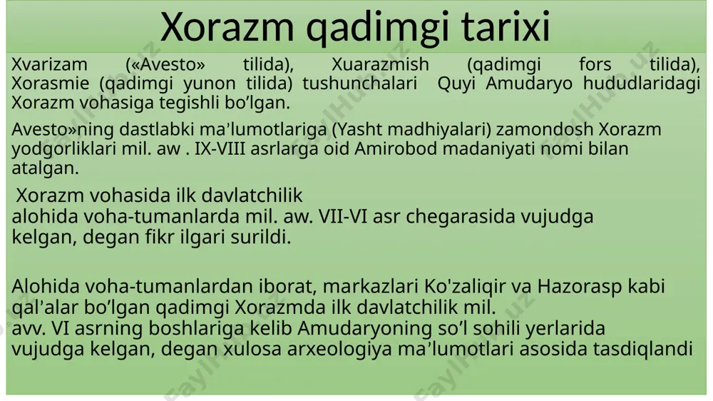 ubniki esa - kot shaharlari deb e’tirof etildi. bu ikkala shahar ham o’z davrining yirik savdo-iqtisodiy markazlari bo’lib hisoblanardi. 992-yili ikkala tomon o’rtasida bo’lib o’tgan janglarda shimoliy xorazm hukmdori ma’mun ibn ma’mun g’alaba qozondi hamda xorazmshoh unvonini qabul qilib, gurganj (hozirgi ko’hna urganch)ni poytaxt deb e’lon qildi. anushteginiylar (1097-1231) . xorazmshoh-anushtaginiylar sulolasining asoschisi anushtagin tarixchilardan rashididdin, hofizi abmlarning yozishlariga qaragana, о’g’uzlarning turkiy «bekdili» urug‘iga mansub bo’lib, yoshligida qul qilib sotilgan. uni saljuqiy harbiy amirlaridan izziddin o’nar bilgitagin sotib olgan. ushbu amir qul bolani sultonga taqdim etgan. sulton jaloliddin malikshoh i (1072-1092) davrida anushtagin saroyda ishonchli kishilar safidan joy olib, tez orada tashtdorlik mansabini egallagan. keyinchalik u «xorazm mutasarrufi» mansabiga tayinlanib, unga xorazm shixnasi (qal’a boshlig4i) unvoni beriladi. sulton rukniddin berkiyoruq (1094-1104) davrida xuroson hokimi bo‘lgan dodbek habashiy ibn oltuntosh (1097-yili vafot etgan) anushtaginning xizmatlarini inobatga olgan holda uning o‘g‘li qutbiddin muhammadni xorazm hokimi etib tayinlab, unga «xorazmshoh» unvonini beradi. ay …