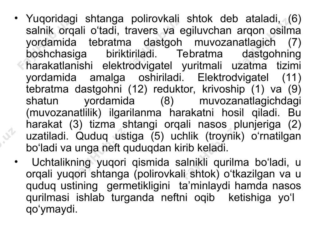 lov berib silliqlanadi, qirralariga ishlov beriladi, bunda vtulkaning о‘qiga perpendikulyar bо‘ladi va bir-biriga zich joylashadi. nasoslarning plunjerlari chuqurlik nasoslarining plunjerlari butun tortilgan pо‘lat quvurlardan tayyorlanadi. plunjerning uzunligi 1200 mm, diametriga bog‘liq holda devorining qalinligi 5 mm.dan 9,5 mm.gacha bо‘ladi. plunjerning uchlarida klapanlarning uzatmalarini biriktirish uchun ichki rezbalar qirqiladi. plunjerning tashqi sirti yaxshi silliqlanadi, yeyilishga va korroziyaga qarshi chidamligini oshirish uchun, xrom bilan qoplanadi, undan keyin esa polirovka qilinadi. chuqurlik nasoslari ishlatish shartlariga muvofiq silliq sirtli plunjerlar, halqali va vintni ichki sirti ariqchali va plunjerlar rezina halqali zichlamalar bilan jamlanadi. tarkibida mexanik zarrachalar bо‘lmagan suyuqliklarni oluvchi nasoslarda, silliq tashqi sirtli plunjerlar qо‘llaniladi. haydaladigan suyuqlikdagi qum, qum zarrachalari plunjerlarning oralig‘iga va nasos silindrlariga kirib qolib, uni ishchi sirtlarini shikastlantiradi va nasoslarni muddatidan oldin ishdan chiqaradi. bu turdagi murakkabliklarni bartaraf qilish uchun tashqi sirtida ariqcha bо‘lgan plunjerlar qо‘llaniladi. bu ariqchalar qumlarni tutqich hisoblanadi, ariqqa ushlanib qolgan qumlar plunjerni yopishib qolish ehtimolligini kamaytiradi. rezina …