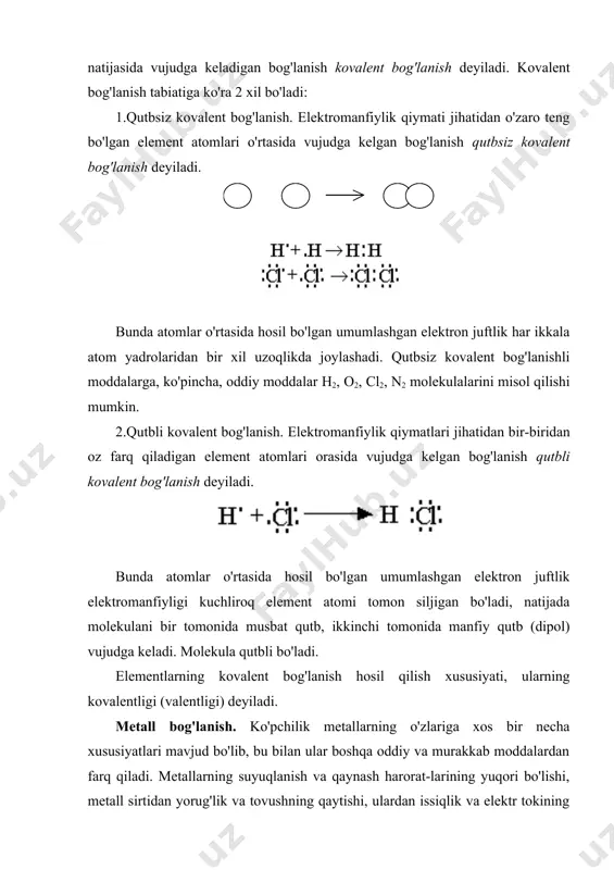 y turi metall bog'lanish deyiladi. donor - akseptorli bog'lanish. kovalent bog'lanishning boshqacha donor - akseptorli mexanizmli turi ham bo'lishi mumkin. bunday kimyoviy bog'lanish bitta atomning ikki elektroni bilan boshqa atomning erkin orbitali hisobiga vujudga keladi. misol uchun: hcl bilan nh3 ni birikishi donor-akseptorli bo'ladi: nh3( hc1( nh4cl yoki nh3 ( h( ( nh4( ammiak molekulasida azot atomining bo'linmagan elektron jufti bo'ladi. vodorod ionida 1s - orbital bo'sh uni h( deb belgilaymiz. ammoniy ioni hosil bo'lishida azotning elektron jufti azot va vodorod atomlari uchun umumiy bo'lib qoladi, ya'ni molekulyar elektron bulutga aylanadi. vodorod ionining zaryadi umumiy bo'lib qoladi (u delokallashgan, ya'ni barcha atomlar orasida tarqalgan). bo'linmagan elektron juftini beradigan atom elektronodonor, uni biriktirib oladigan (ya'ni bo'sh orbital beradigan) atom elektronoakseptor deyiladi. bir atomning (elektrodonorning) ikki elektron jufti va boshqa atomning (elektronoakseptorning) bo'sh orbitali hisobiga kovalent bog'lanish hosil bo'lish mexanizmi donor-akseptorli mexanizm deyiladi. shu yo'l bilan hosil bo'lgan kovalent bog'lanish donor-akseptorli kovalent …