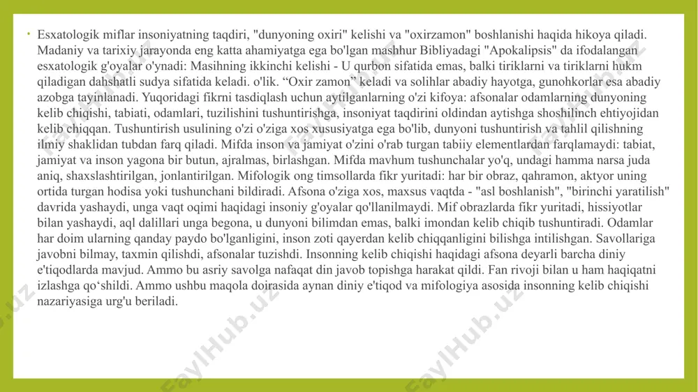 hukmronlik qilgan. bu kuchlar juda kuchli edi va hamma narsani yo'q qilishga intildi, lekin buyuk sakkizta ularga qarama-qarshilik ko'rsatdi, ulardan 4 tasi qurbaqa boshli erkak ko'rinishiga ega, qolgan 4 tasi esa ilon boshli ayol ko'rinishiga ega edi. keyinchalik xaosning buzg'unchi kuchlari engib, dunyo yaratildi. hind e'tiqodlari hinduizmda dunyo va insonning kelib chiqishining kamida 5 ta versiyasi mavjud. birinchi versiyaga ko'ra, dunyo shiva nog'orasi tomonidan ishlab chiqarilgan om ovozidan paydo bo'lgan. ikkinchi afsonaga ko'ra, dunyo va inson kosmosdan kelgan "tuxum" (brahmanda) dan paydo bo'lgan. uchinchi versiyada dunyoni tug'dirgan "birlamchi issiqlik" bor edi. to'rtinchi afsona juda qonxo'r eshitiladi: birinchi odam purusha ismli o'z tanasining qismlarini o'zi uchun qurbon qildi. ulardan qolgan odamlar chiqdi. eng so'nggi versiyada aytilishicha, dunyo va inson o'zlarining kelib chiqishi maha-vishnu xudosining nafasiga qarzdor. u olgan har bir nafasda braxmalar yashaydigan brahmandalar (olamlar) paydo bo'ladi. buddizm bu dinda odamlar va dunyoning kelib chiqishi haqida hech qanday afsona yo'q. unda …