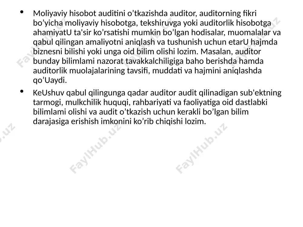 an turib mijozlar auditorni taklif qiladilar, bu, o’z navbatida, ishni juda ham murakkablashtiradi. shartnomada mijoz tomonidan auditorlik tashkilotiga oldindan pul to’lashni ko’zda tutish maqsadga muvofiqdir, zero oldindan pul to’lanishi auditorni moliyaviy mustaqffligini ta'minlaydi, tekshiruv o’tkazish jarayonida mijoz tomonidan o’tkazilgan audit uchun tegishli haqini to’lamaslik yo’u bilan qo’rqitib "tazyiq" o’tkazishni oldini oladi. odatda, auditorlik firmalari tomonidan oldindan pul o’tkazish miqdori to’grisidagi talablari 50 foizdan 100 foizgachani tashkil etadi. shartnomada tekshiruv jarayonida mijoz tomonidan auditorga yordam ko’rsatishi lozimligi to’grisida majbur ekanligini ko’zda tutilishi maqsadga muvofiqdir (inventarizatsiya o’tkazishda yordam berish uchun o’z xodimlarini jalb qilish, xizmat safariga chiqish zaruriyati bo’lganda auditorii transport vositasi bilan ta'minlash va boshqalar). auditor va mijoz shartnoma shartlari bo’yicha kelishib oushlari lozim. keushilgan shartlar audit bo’yicha xat-keushuv yoki har qanday boshqa tegishli shaklda rasmiylashtirilishi lozim. auditorlik tekshiruvini o’tkazish to’grisidagi shartnomani tuzishda auditorlik xizmatlarining qiymatini baholash muhim o’rin tutadi. xizmatlar qiymatini pasaytirmaslikka ham va ko’tarmaslikka ham intilish lozim, zero unisi …