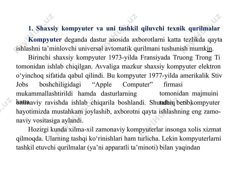a ba’zi qurilmalar axborot almashish sistema magistrali — shinalar (sim- larning o‘ramlari) yordamida bog‘- lanadi. shinalar kompyuterning hamma qurilmalariga parallel holda ulanadi. kompyuter ishida uch xil shina xizmat ko‘rsatadi: berilganlar (berilgan ma’lumotlar) shinasi, adreslar shinasi, boshqarish shinasi. asosiy platada mikroprotsessor, xotira qurilmalari va mikrosxemalar, ovoz, video va tarmoq platalari ham joylashadi. ular asosiy plataning maxsus slot (qirqim)lariga ulanadi. diskyurituvchi, printer, flash-xotira kabi deb yuritiluvchi asosiy platadagi maxsus joylarga ulanadi. bu qurilmalarni boshqarish uchun asosiy platada kontrollerlar deb ataluvchi elektron sxemalar mavjud. portlar parallel (lpt), ketma-ket (com) va universal ketma-ket (usb) turlarga bo‘linadi. ketma-ket port protsessordan ma’lumotlarni baytlarda oladi va qurilmalarga bitlarda uzatadi, parallel port esa baytlarda olib baytlarda uzatadi. odatda, sichqoncha va modem ketma- ket portlarga, printer parallel portga ulanadi. juda ko‘p asosiy platalarda sichqoncha va klaviatura doiracha shaklidagi ps/2 bo‘lmaga ulanadi. hozirgi kunda universal ketma-ket portga sichqoncha, klaviatura va boshqa qurilmalarni ulash imkoni bor. odatda, asosiy plataning ajralmas qismi …