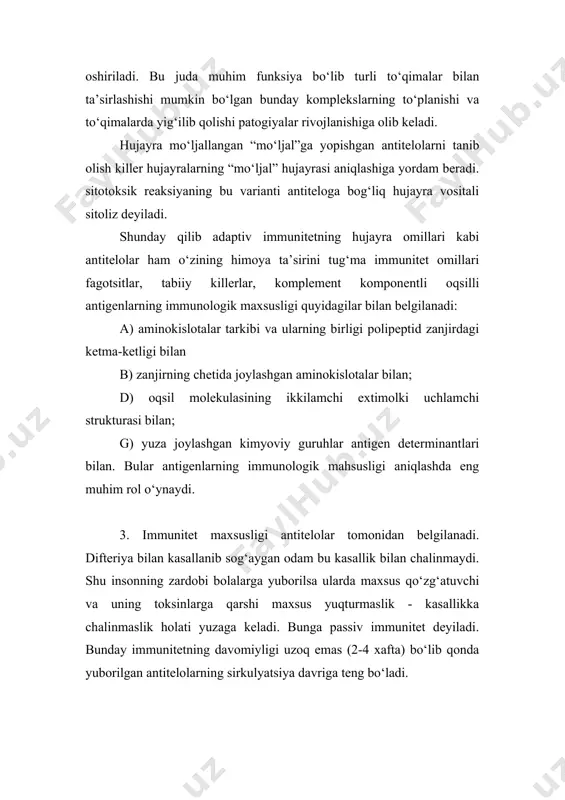 mplement xosil bo‘lishining eng samarali aktivatoridir. ko‘pchilik normal antitelolar va izoagglyutininlar igm lardir. allergik reaksiyalarda ishtirok etmaydi va yo‘ldosh orqali o‘tmaydi. igg, asosiy-qondagi immunoglobulinlarning 70-80% ini tashkil qiluvchi immunoglobulinlardir. shu bilan birgalikda to‘qima suyuqliklarida 50% gacha bo‘ladi. o‘rtacha odam qonida 12 g/l bo‘lib 7-10 yoshligida to‘liq bo‘ladi. igg, monomer, ikkita antigen bog‘lovchi markazga ega, molekular og‘irligi 160 kda yetuk β-limfotsitlar va plazmatik hujayralar tomonidan sintezlanadi. igg, yuqori affanlikka ega. igg ko‘pchilik virus va bakterial infeksiyalar (chechak, quturish, qotma va boshqa) da asosiy himoyachi rolini o‘ynaydi. yaqqol namoyon bo‘ladigan toksinlarni neytrallash xususiyatiga ega. to‘rtta igg1,- igg4, turi farqlanadi. igg allergik reaksiyalar qatnashadi, yo‘ldosh to‘sig‘i oson o‘tadi va yosh hayvonlarda tug‘ilgach 3-4 oygacha gumoral immunitetni ta’minlaydi. neytrallash, antigenni markirovkalash, komplementga bog‘liq sitolizni ishga tushiradi. iga zardobda va sekretlarda bo‘ladi. 60% i shilliq pardalar suyuqliklarida uchraydi. zardobda umumiy immunoglobulinlarning 10-15% ini iga tashkil qiladi. qonda 2.5 g/l bo‘lib 10 yoshlarda odamda maksimal darajaga …