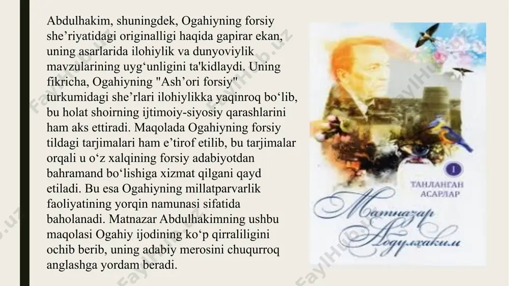 va maʼshuq savol-javobi, 20 taʼrix, 19 qasida — jami 18000 misradan iborat. devonga „ashʼori forsiy“ nomi bilan ogahiyning fors tilidagi 1300 misra sheʼri ham kiritilgan. devondagi asarlar mazmun-mundarijasi markazida ishq mavzusi turadi. ogahiy ijodining mavzu doirasi keng. ammo u qaysi mavzuga murojaat qilmasin, ishqni chetlab oʻtolmaydi. ishq uning qalamida mavzuni yoritishda, gʻoyani ilgari surishda asosiy badiiy vosita; sheʼriyatida ishq — iymon, eʼtiqod, vatan, zakovat timsoli kabi lirik qahramonning oʻy-kechinmalari, faoliyati, dunyoqarashini harakatlantiruvchi kuch. ogahiy devonida zamon va zamondoshlari tasviri ham katta oʻrin egallagan. istiqlol yillarida ogahiyning forsiy asarlari keng tadqiq etilib, ularning ilmiy va badiiy ahamiyati o‘rganildi. olimlar tomonidan uning forsiy she’rlari nashr qilinib, tahliliy maqolalar va ilmiy dissertatsiyalar yozildi. uning asarlari sharq adabiy an’analarining rivojiga qo‘shgan hissasini ochib beradi. ogahiyning forsiy asarlari uning ko‘p tilli ijodkor sifatida tanilishiga sabab bo‘lib, bu asarlar o‘zbek va fors adabiyoti o‘rtasidagi madaniy aloqalarni mustahkamlashga xizmat qilgan. uning forsiy she’rlari bugungi kunda ham adabiyotshunoslar …