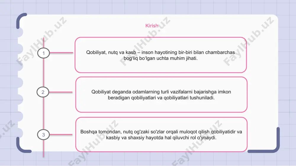 ontirish va muloqot qilish imkonini beradi. nutq qobiliyatingizni oshirib, siz umumiy muloqot samaradorligini oshirishingiz mumkin. barcha sohalardagi mutaxassislar aniq va ravshan muloqotga intilishlari kerak. to'g'ri so'zlar, ohang va tana tilidan foydalanish sizning xabaringiz qanday qabul qilinishini sezilarli darajada o'zgartirishi mumkin. nutqning ish imkoniyatlariga ta'siri ish imkoniyatlari haqida gap ketganda, nutq muhim ta'sir ko'rsatadi. aniq va samarali muloqot qobiliyatiga ega bo'lgan odamlar o'z martabalarida muvaffaqiyat qozonish ehtimoli ko'proq. o'zini ifoda etish qobiliyati barcha sohalarda yuqori baholanadi. ish beruvchilar g'oyalarni ifoda eta oladigan, mijozlar va hamkasblar bilan muloqot qila oladigan va samarali taqdimotlar o'tkaza oladigan nomzodlarni qidiradi. savdo, mijozlarga xizmat ko'rsatish yoki o'qituvchilik kabi kasblarda nutq yanada muhimroq rol o'ynaydi. ishtirok etish, ishontirish va muloqot qilish qobiliyati ushbu sohalarda muvaffaqiyatga erishish uchun juda muhimdir. 1 2 3 nutqda nuqsoni bo'lgan shaxslar uchun kasbiy rivojlanish nutqda nuqsoni bo'lgan shaxslar uchun qobiliyat, nutq va kasb bir-biri bilan bog'liq. kasbiy rivojlanish dasturlari ularning muloqot ko'nikmalarini …