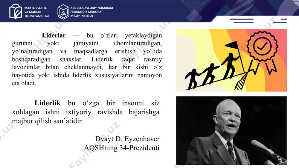 sadlarga yo‘naltirishlari va jamoaning har bir a'zosi uchun o‘z vazifalarini aniq belgilashlari kerak. boshqaruvdagi noaniqliklar va maqsadsizlik jamoaning ishlashiga salbiy ta'sir qiladi. liderlar jamoaning umumiy maqsadlari bilan birga, har bir a'zoning individual ehtiyojlarini ham inobatga olishlari kerak. jamoa a'zolarini o‘ziga xos xususiyatlari va qobiliyatlari bilan tanib, ularga mos ish vazifalari berilishi kerak. 01 02 03 04 rivojlanish yo‘nalishlarini aniq aniqlash. 1-bosqich professional maqsadlarni belgilash. 2-bosqich bilim va ko‘nikmalarni oshirish uchun o‘qitish dasturlarida ishtirok etish 3-bosqich kasbiy rivojlanishni kuzatib tahlil qilib borish 4-bosqich liderlikda kasbiy rivojlanishni rejalashtirish 5 ta bosqichda amalga oshiriladi o‘zgarishlarni amalga oshirish 5-bosqich 05 john maxwellning “liderlikning 5 darajasi” modeli (5p) pozitsiya 01 permission 02 production 03 people 04 pinnacle 05 5p modeli bu darajada odamlar sizga faqat siz egallayotgan lavozim yoki unvonga ko‘ra rioya qiladi. bu eng past daraja bo‘lib, bu yerda liderlik majburiy va huquqiy asosga tayanadi. bu bosqichda odamlar sizga ishonch va hurmat asosida ergashadi. …