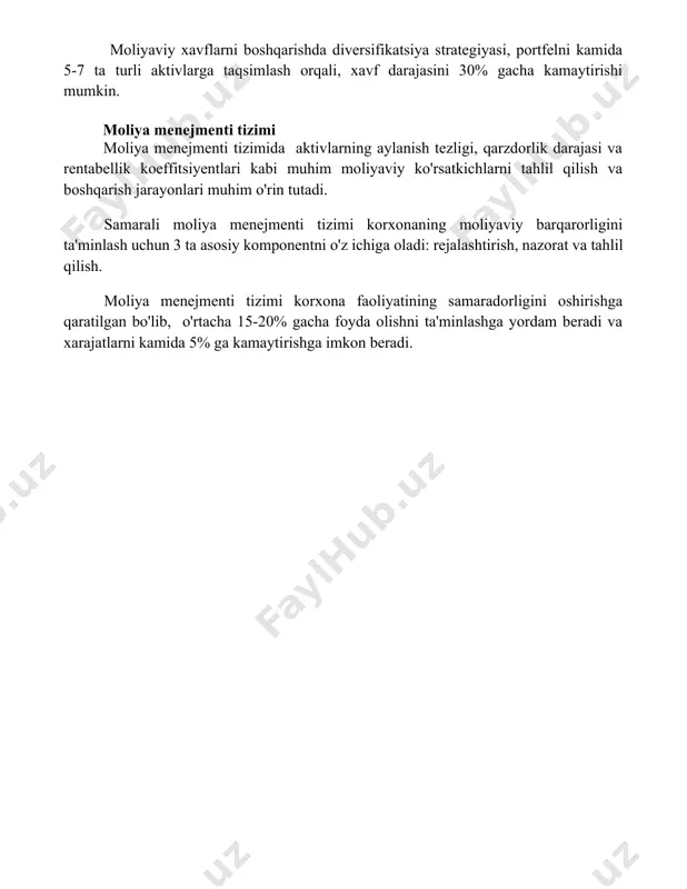taqsimlash orqali, xavf darajasini 30% gacha kamaytirishi mumkin. moliya menejmenti tizimi moliya menejmenti tizimida aktivlarning aylanish tezligi, qarzdorlik darajasi va rentabellik koeffitsiyentlari kabi muhim moliyaviy ko'rsatkichlarni tahlil qilish va boshqarish jarayonlari muhim o'rin tutadi. samarali moliya menejmenti tizimi korxonaning moliyaviy barqarorligini ta'minlash uchun 3 ta asosiy komponentni o'z ichiga oladi: rejalashtirish, nazorat va tahlil qilish. moliya menejmenti tizimi korxona faoliyatining samaradorligini oshirishga qaratilgan bo'lib, o'rtacha 15-20% gacha foyda olishni ta'minlashga yordam beradi va xarajatlarni kamida 5% ga kamaytirishga imkon beradi. 📌xulosa moliyalashtirishning mohiyati va funktsiyalari iqtisodiyotning barcha sohalarini rivojlantirishda muhim rol o'ynaydi, investitsiyalarni jalb etish va samarali resurslarni taqsimlashga xizmat qiladi. u samarali ishlab chiqarish va iqtisodiy o'sishni ta'minlaydi. 📚foydalanilgan adabiyotlar 1. moliyaning mohiyati va funktsiyalari bo'yicha ilmiy maqolalar to'plami. o'zbekiston milliy universiteti nashriyoti, toshkent, 2023 yil. 2. iqtisodiyotning moliyaviy asoslari. darslik. o'zbekiston davlat jamg'armasi nashriyoti, toshkent, 2022 yil. 3. moliyaviy bozorlar va institutlar. o'quv qo'llanma