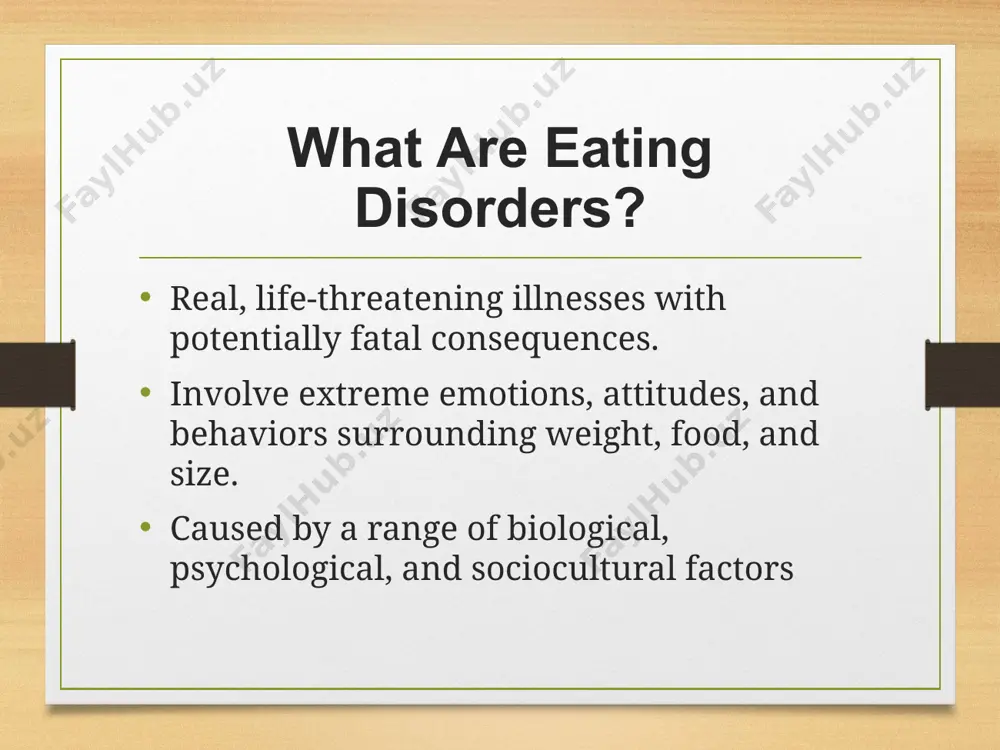 m every walk of life. stereotyping eating disorders as exclusive to one group is a disservice to the diverse group of people who are affected by eating disorders, and perpetuates a stigma that prevents people from getting help. sources: hudson ji, hiripi e, pope hg jr, and kessler rc. (2007). the prevalence and correlates of eating disorders in the national comorbidity survey replication. biological psychiatry, 61(3):348-58. 3 biopsychosocial disorders biological factors: family history history of dieting type one (insulin-dependent) diabetes genetic predisposition psychological factors: low self esteem relationship with self feelings of inadequacy depression, anxiety, fear, or loneliness social factors: cultural norms that overvalue appearance body dissatisfaction drive for perceived ideal body type historical trauma weight stigma/bullying eating disorders are complex, bio-psycho-social conditions, with multiple causes. eating disorders arise from a combination of established social, psychological, biological, and interpersonal factors. while they may begin with preoccupations with food and weight, …