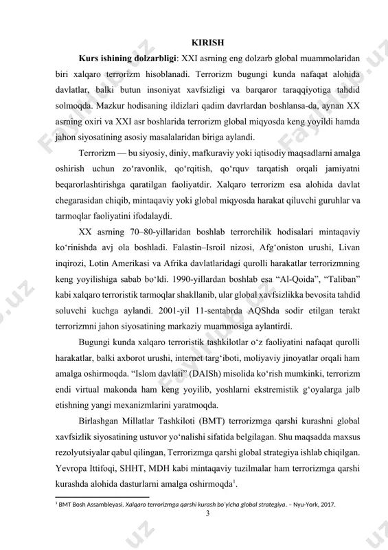 ro terrorizmning paydo bo‘lishiga olib kelgan tarixiy, siyosiy va ijtimoiy omillarni tahlil qilish. bmt va boshqa xalqaro tashkilotlarning terrorizmga qarshi kurashdagi faoliyatini ko‘rsatib berish. xalqaro terrorizmga qarshi kurashda o‘zbekiston va mintaqaviy davlatlarning o‘rni va tashabbuslarini tahlil qilish. terrorizmning oldini olishda ta’lim, ma’naviyat va mafkuraviy barqarorlikning ahamiyatini asoslab berish. 1-bob. terrorizmning maxiyati va mazmuni 1.1. terrorizmning tarixiy ildizlari tarixchilar va siyosatshunoslar terrorizmning paydo bo'lish vaqtiga oid fikrlarida sezilarli darajada farq qiladi. ba'zilar har qanday siyosiy qotillikni terrorizmga tenglashtiradilar va shu tariqa terrorizmning ildizlari qadimgi davrlarga bo'lmasa ham (v. laker) orqaga suriladi; boshqalar terrorizmni 20-asr oxiri hodisasi deb hisoblaydilar (i. aleksandr, v. chalikova va boshqalar). frantsuz tarixchisi m. ferro terrorizmni "xi-xii asrlardagi xoshashinning o'ziga xos islom an'anasi" bilan bog'laydi va n. neymark zamonaviy terrorizmning kelib chiqishini napoleondan keyingi tiklanish davri bilan bog'laydi [footnoteref:3]. [3: budnitskiy o.v. rossiya ozodlik harakatida terrorizm: mafkura, etika, psixologiya (19-asrning ikkinchi yarmi - 20-asr boshlari) / o. v. …