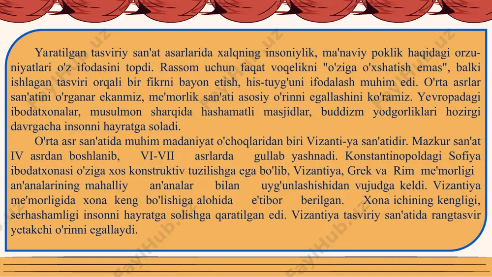 z roman san'atiga xos tomonlari bilan xarakterlidir. roman haykaltaroshligining rivojlangan davri xii asrga to'g'ri keladi. haykaltaroshlik mavzusi "iso va uning shogirdlariga" hunarmand, dehqon, aktyorlar hayotiga bag'ishlangan bo4 lib, asosan relef tarzida ishlangan. yevropa xh-xv asrlar san'ati "gotika san'ati" deb ataladi. gotika - italiyancha "gotlarniki" degan ma'noni bildiradi. gotlar german qabilalaridan biri bo'lib, ular san'atining ta'siri, san'at rivojida kuchli bo'lganligini anglatadi. gotika san'ati xii asrning ikkinchi yarmida fransiyada paydo bo'lgan. xii asrdan xv asrgacha davom etgan gotika san'ati o'ziga xos uslubi bilan farq qilib rivojlandi. milan shahridagi gotika uslubidagi sobor. gotika uslubida qurilgan binolar roman uslubida qurilgan binolardan katta va ulug'vorligi, serjilvaligi, yuqoriga intiluvchanligi bilan ajralib turadi. gotika soborlarining minoralari muhim ahamiyatga ega bo 'lib, shaharni kuzatib turish va yong 'in o'chiruvchilar uchun mo 'ijallangan edi. minoraning uchki qismi xo 'roz tasviri bilan tugallangan bo'lib, bu ziyraklik mazmunini anglatadi. gotika me'morligida nayzasimon arka muhim o'rin egallaydi. arkalaming uchli bo'lib ko'rinishi hamma …