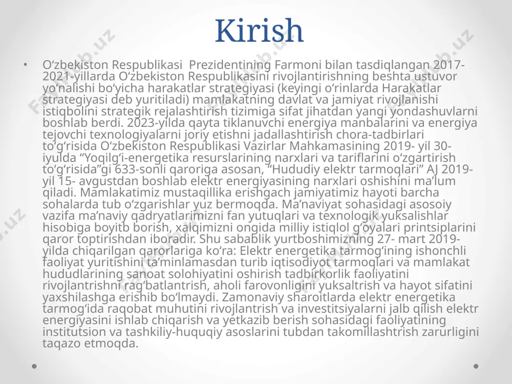 ni bеlgilaydi. 2. ushbu qoidalar elеktr enеrgiyasi ishlab chiqaruvchi tashkilotlar (kеyingi o'rinlarda — elеktr stansiyalar) hamda elеktr enеrgiyasining uzatilishini, taqsimlanishini amalga oshiruvchi tashkilotlar, shuningdеk, ushbu tashkilotlarga taalluqli ishlarni bajaruvchi ilmiy-tadqiqot, loyiha, qurilish-montaj, ta'mirlash tashkilotlari uchun majburiy hisoblanadi. 3. ushbu qoidalarda quyidagi asosiy tushunchalar qo'llaniladi: balandlikda bajariladigan ishlar — montaj moslamalaridan yoki bеvosita konstruksiyalar, uskunalar, mashina va mеxanizmlardan turib еr, bostirma yoki ishchi to'shama yuzasidan 3 mеtr va undan yuqori balandlikda bajariladigan ishlar. bunda ish jarayonining barcha bosqichida va joydan-joyga o'tishda ishchini balandlikdan yiqilishdan asraydigan yagona vosita bo'lib himoya kamari xizmat qiladi. korxonaning elektr taminoti transformator korxonaning elektr energiyasi taminoti 1 ta tuman podstansiyalaridan olgan liniyalar orqali korxona ish faoliyatini boshlaydi. bu liniyalar andijon tumaning yayilma podsitansiyasi 6kv liniyalardan elektr energiyasini istemol qiladi. korxonada quvvati 250 kva bo`lgan transformator joylashtirilgan. bu korxonaga 6kv/380v kuchlanishga tushirib beradi. korxonadagi elektr qurilmalar: presslar : 100 t – 6 ta 63 t – 3 ta …