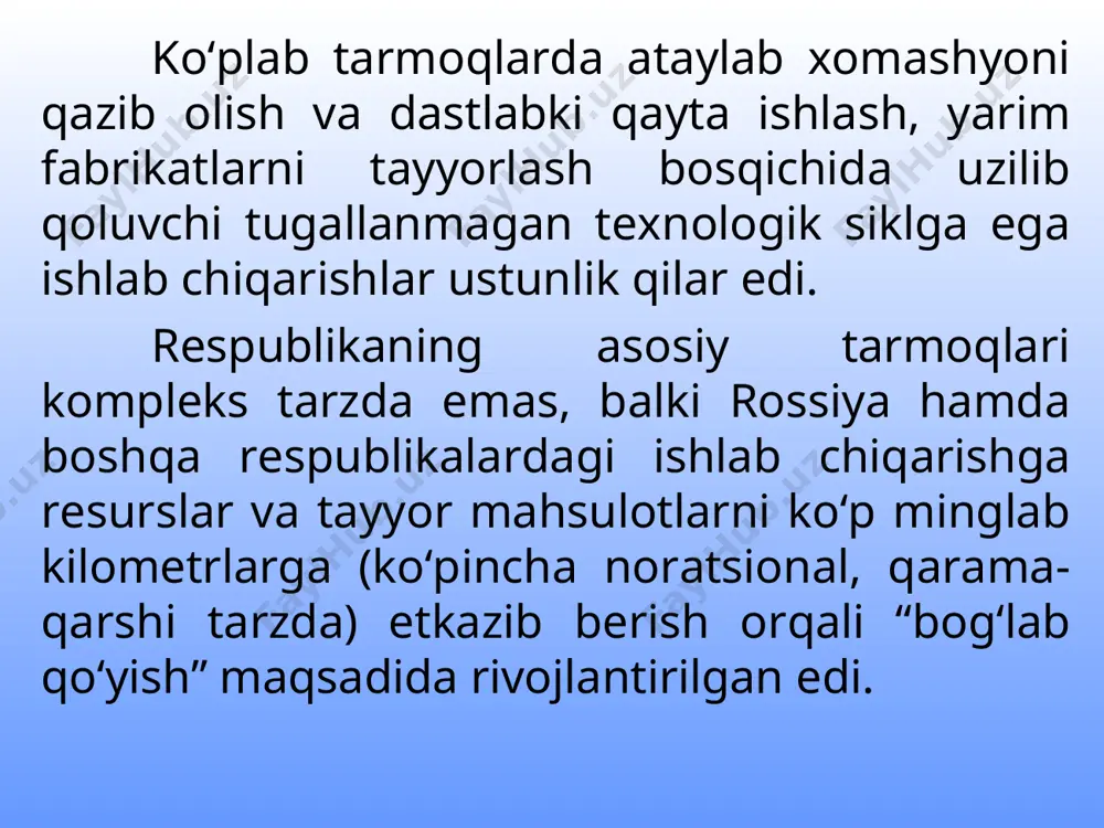 si, asosiy turdagi mahsulotlarni iste’mol qilish jihatidan eng oxirgi o‘rinlardan birini egallab keldi. aholining o‘rta hisobda go‘sht mahsulotlari, tuxum, sut va sut mahsulotlari iste’moli bo‘yicha 2 barobar orqada qolgan. aholi jon boshiga milliy daromad ishlab chiqarish bo‘yicha ittifoqdagi o‘rtacha darajadan 2 barobar, xalq iste’moli mollari ishlab chiqarish bo‘yicha 2,5 barobar, sanoatdagi mehnat unumdorligi jihatidan 2,5 barobar, o‘sha davrda kun kechirish uchun oyiga o‘rta hisobda kamida 85 so‘m zarur bo‘lgani holda, 75 so‘mdan kamroq yalpi daromad oladigan aholining ulushi ittifoq bo‘yicha 12 foizdan sal ko‘proq bo‘lsa sanoatdagi mehnat unumdorligi jihatidan 2,5 barobar, qishloq xo‘jaligidagi mehnat unumdorligi jihatidan esa 2 barobar, o‘zbekistonda 45 foizga etgan, ya’ni 8 million 800 ming kishini tashkil etgan. 1990 yillarning boshidagi inqirozning kuchayish sabablari. o‘zbekistonnning sobiq ittifoq tarkibida uzoq yillar davomida ma’muriy-buyruqbozlik tizimi ostida bo‘lganligi, shuningdek, shundoq ham susayib borayotgan xo‘jalik aloqalarining 1990-yillarning boshida ittifoqning parchalanishi oqibatida batamom uzilib qolishi kuchli inqiroz holatlarini keltirib chiqardi. o‘zbekiston iqtisodiyotining …