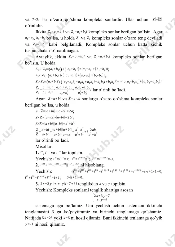 topilsin: 1) ; 2) ; 3) ; 4) . yechish: 1) ; 2) ; 3). 4) . 5. topilsin. yechish: . 6. tenglikdan va ning qiymatlari topilsin. yechish: tenglikni chap tomonini ko’rinishga keltiramiz: . demak, berilgan tenglik ko’rinishga keldi. bundan sistemani hosil qilamiz. uni yechish uchun birinchi tenglamani har ikkala qismini 3 ga, ikkinchi tenglamani har ikkala qismini 2 ga ko’paytiramiz va ularni qo’shamiz: , , . ning bu qiymatini birinchi tenglamaga qo’yib yoki ni hosil qilamiz. 7. tenglama yechilsin. yechish: bu yerda , , bo’lgani uchun . demak, ; . 1. hisoblang: 1) ; 2) ; 3) ; 2. quyidagi tengliklardan va ning qiymatlari topilsin: 1) ; 2) ; 3) ; 4) . javob: 1) , ; 2) , ; 3) , ; 4) , . 3. quyidagi yig’indi va ayirmalarni hisoblang: 1) ; 2) ; 3) 4) ; 5) ; 6) . 4. quyidagi ko’paytmalarni aniqlang: 1) ; …