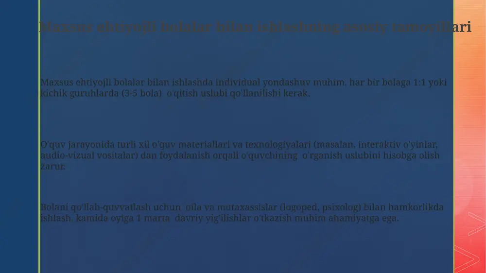 'minlashga qaratilgan. bu, jismoniy, aqliy yoki ijtimoiy-emotsional nuqsonlarga ega bo'lgan 15% ga yaqin bolalarni ham o'z ichiga oladi. maxsus ehtiyojli bolalarning turli toifalari jismoniy nogironligi bo'lgan bolalar, masalan, serebral falaj yoki miyada tug'ma nuqsonlar bilan tug'ilgan bolalar soni 1000 ta tug'ilishda 2 dan 5 gacha bo'lishi mumkin va ularga qo'shimcha qo'llab-quvvatlash va moslashtirilgan o'quv muhiti kerak. autizm spektr buzilishi (asb)ga chalingan bolalar 100 tadan 1 tasiga to'g'ri keladi va ijtimoiy aloqa, og'zaki va og'zaki bo'lmagan muloqotda, shuningdek, takrorlanuvchi xatti-harakatlarda qiyinchiliklarni boshdan kechirishadi. maxsus ehtiyojli bolalarning 30% dan ortig'i o'rganish qiyinchiliklariga, jumladan, disleksiya, disgrafiya va diskalkuliyaga duch kelishadi, bu ularning akademik muvaffaqiyatiga ta'sir qiladi. e'tiboringiz uchun rahmat @taqdimot_robot image2.png image3.png