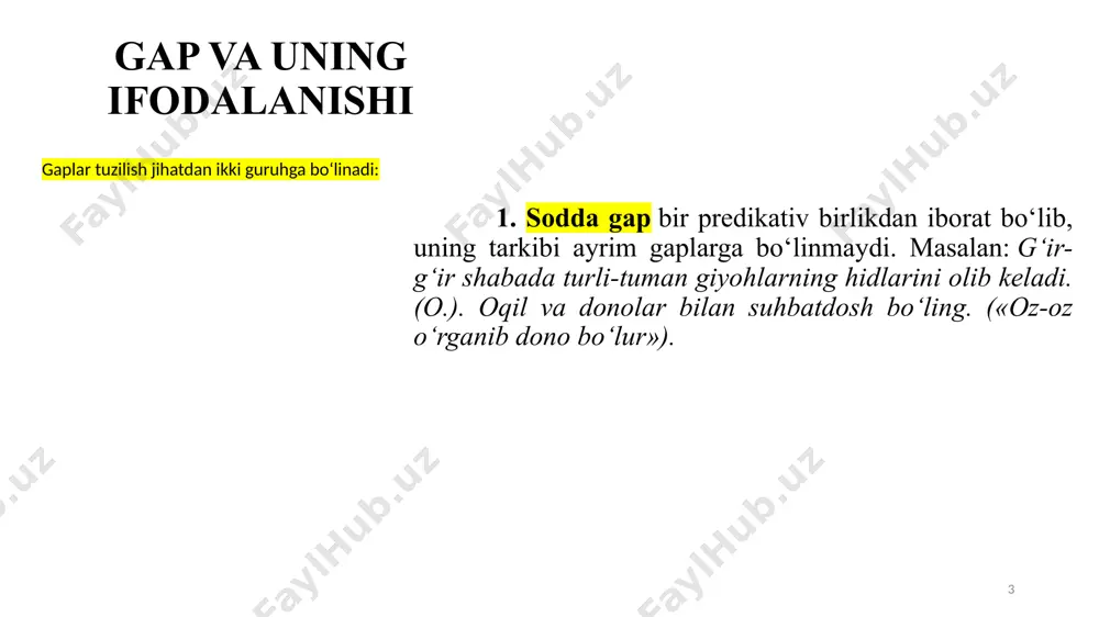 nadi: darak gap, soʻrok gap va undov gap: 6 gap va uning ifodalanishi 3. undov gap — soʻzlovchining ichki hishayajonini, voqelikka boʻlgan turlicha emotsional munosabatlarini ifodalovchi ran. undov gap oʻziga xos tuzilishga va grammatik belgilarga ega. undov gap da ohangning roli katta boʻlib, qanday mazmun ifodalanishiga qarab, ohang ham oʻzgarib turadi. undov gap larda qayratlanish, taajjub, zavqlanish, orzuumid, achinish, qoʻrqish kabi emotsional mazmun ifodalanishi mumkin. odatda, hishayajon ifoda qilayotgan soʻz kuchli ohangga ega boʻladi. masalan, eh, bu vodiy naqadar goʻzal! bu kunlarga kim yetdiyu, kim yetmadi! (oʻ. hoshimov). undov gap larning tarkibida undov soʻzlar, yordamchi soʻzlar ishtirok etishi mumkin. bunday gaplarda fikr kuchli hishayajon bilan ifodalanganligi uchun baʼzi adabiyotlarda ular hishayajon ran deb ham yuritiladi va koʻpincha ular oxiriga undov belgisi qoʻyiladi. gaplar 3 tur ga boʻlinadi: darak gap, soʻrok gap va undov gap: 7 gap va uning ifodalanishi gap boʻlaklari gap boʻlaklari — gap tuzilmasida muayyan soʻroqqa javob boʻlib, …